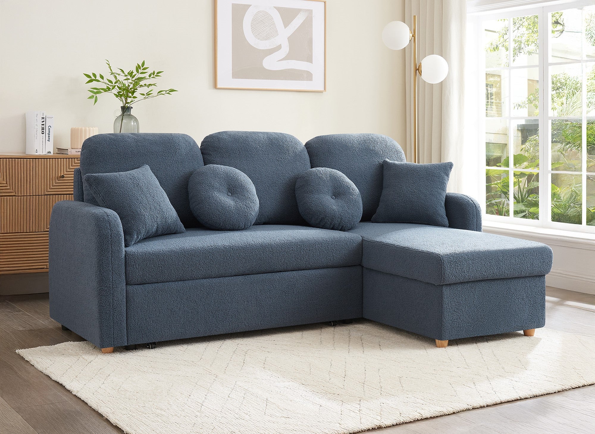 GREGORY umwandelbares und wendbares Ecksofa mit Stauraum aus blauem Bouclé-Stoff