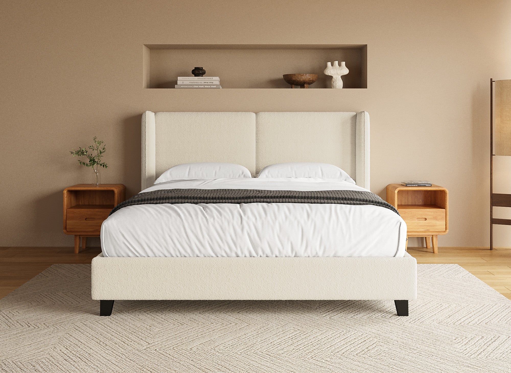 Doppelbett in beigefarbenem Schaffell-Effekt 160x200 cm KAYDEN