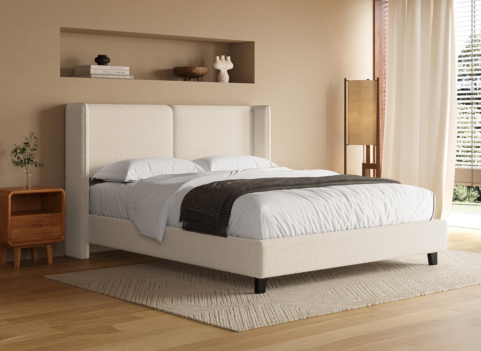 Doppelbett in beigefarbenem Schaffell-Effekt 160x200 cm KAYDEN