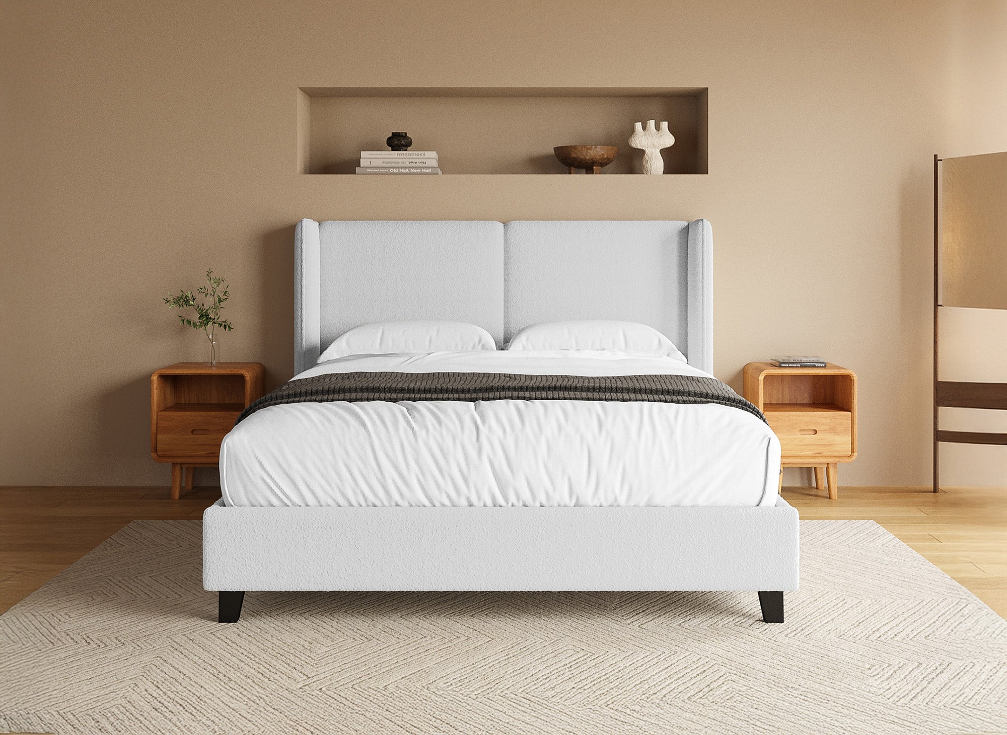 Doppelbett in hellgrauem Schaffell-Effekt 140x190 cm KAYDEN