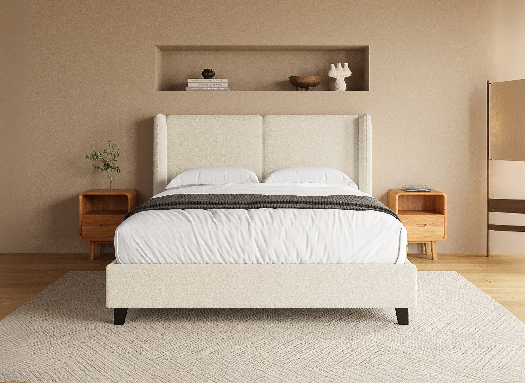 Doppelbett in beigefarbenem Schaffell-Effekt 140x190 cm KAYDEN