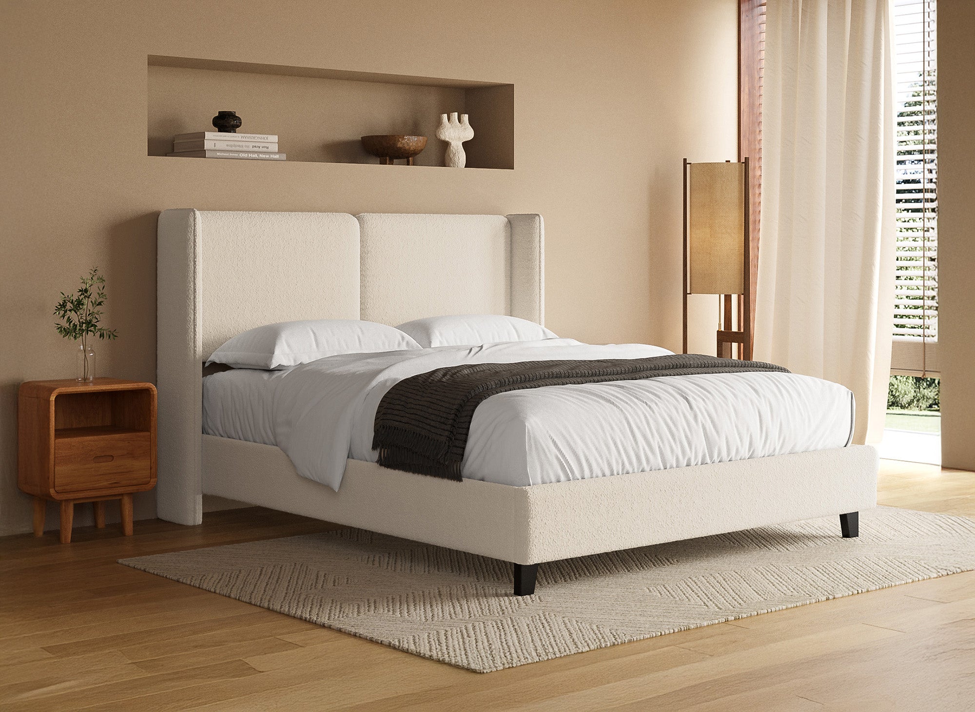 Doppelbett in beigefarbenem Schaffell-Effekt 140x190 cm KAYDEN