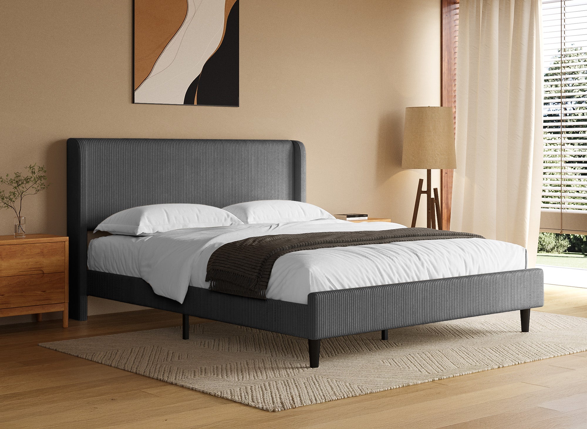 LEVY Doppelbett aus dickem Cord, dunkelgrau, 160 x 200 cm