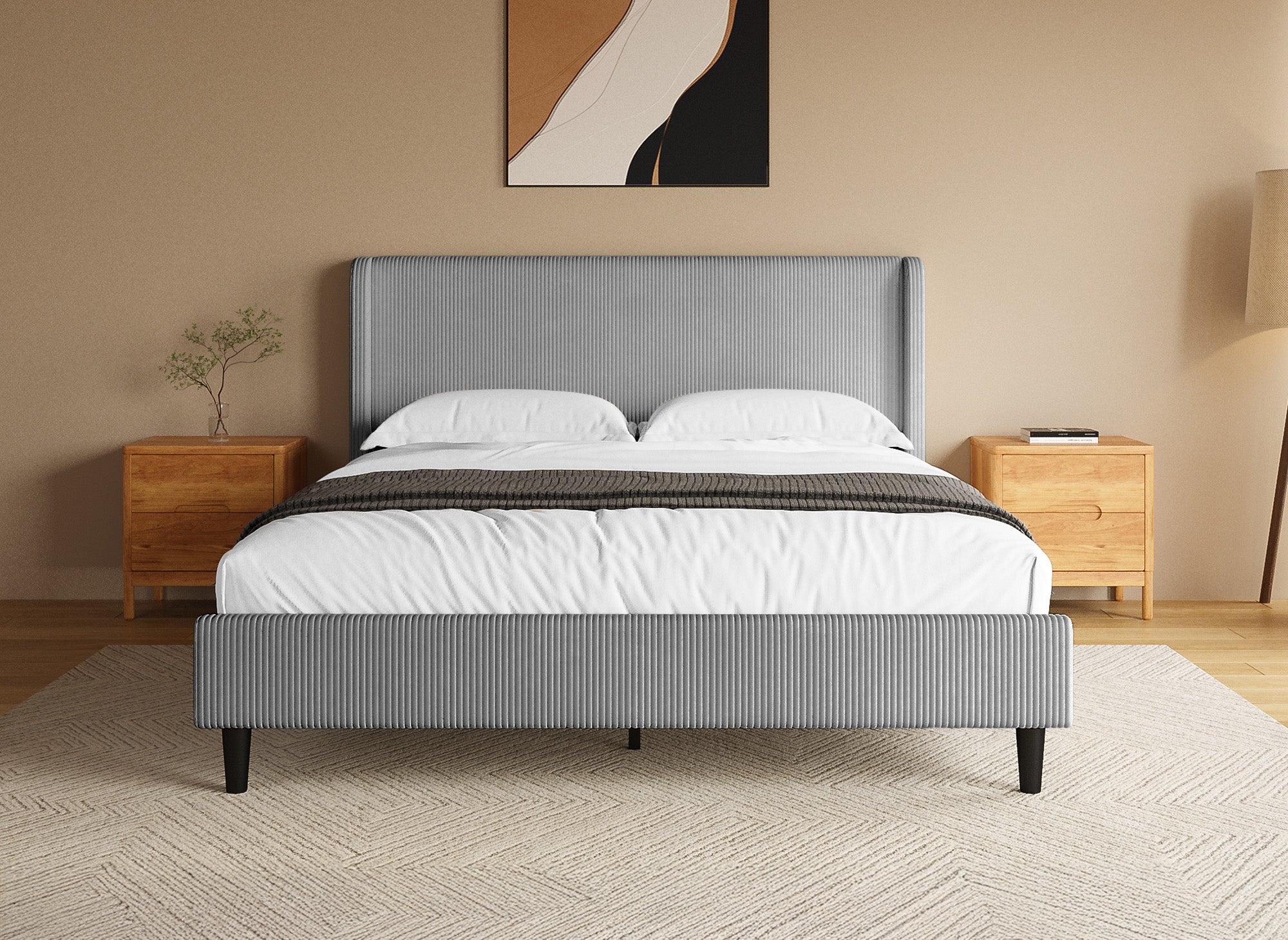 LEVY Doppelbett aus dickem Cord, hellgrau, 160 x 200 cm