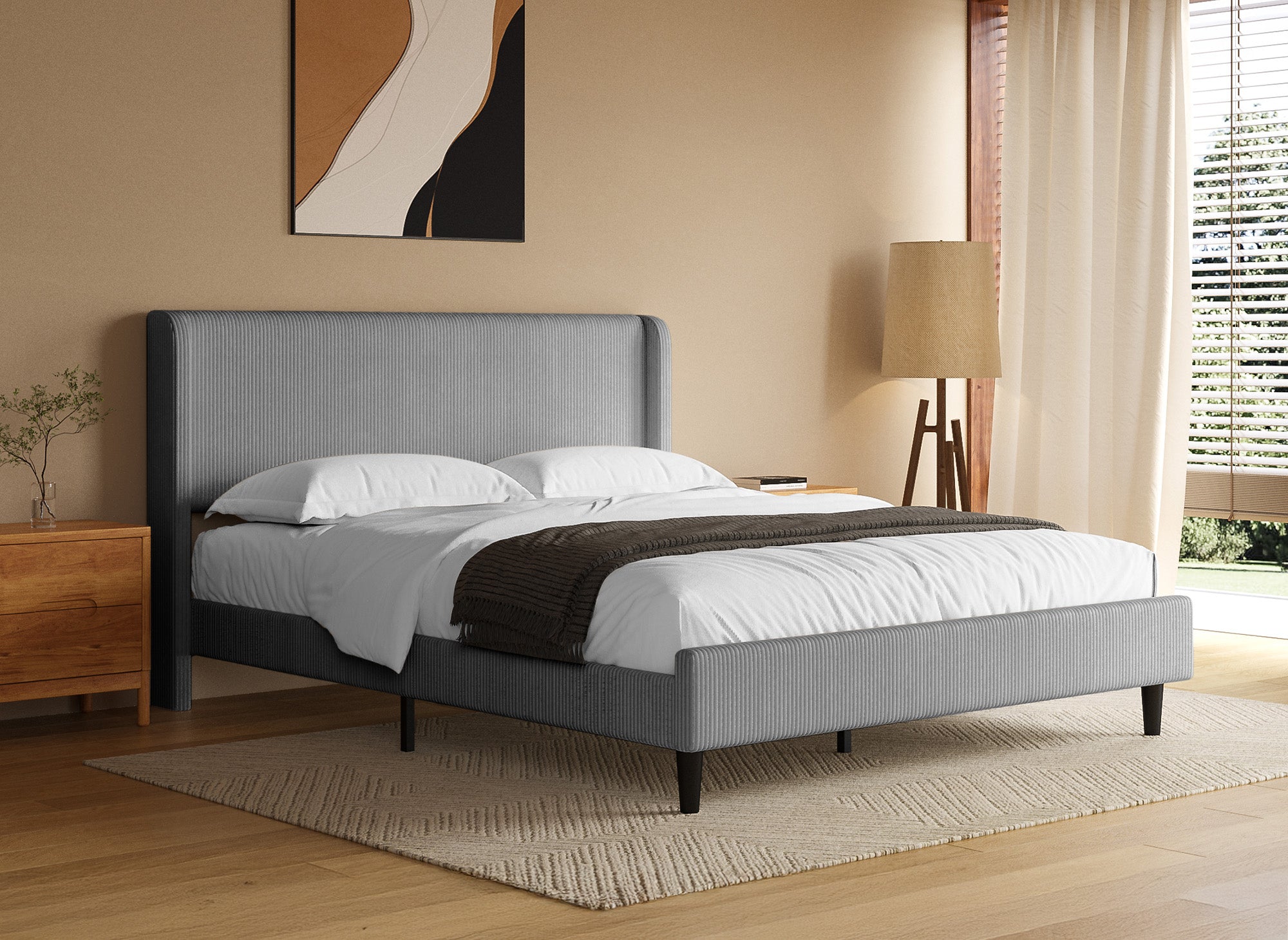 LEVY Doppelbett aus dickem Cord, hellgrau, 160 x 200 cm
