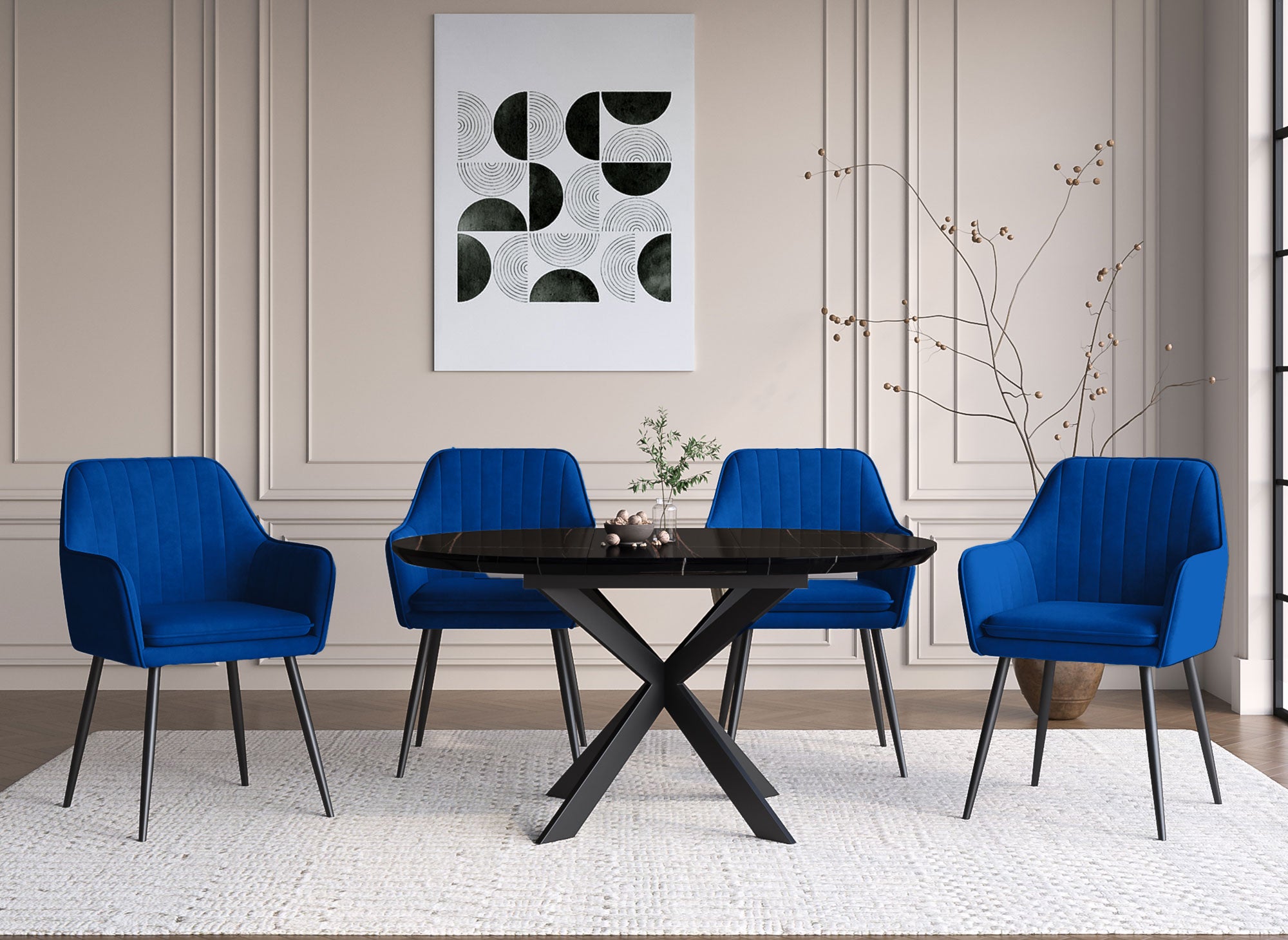 2er-Set Stühle mit Armlehnen aus blauem Samt mit schwarzen Beinen EDWIGE