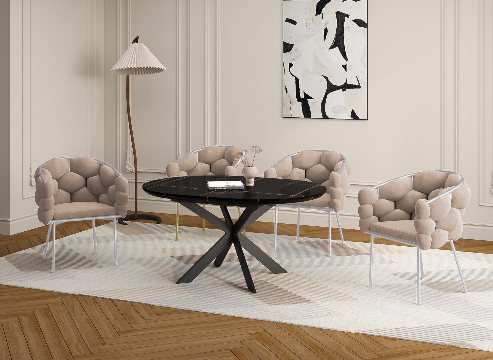 2er-Set beige Samtstühle mit silbernen Metallbeinen CHARLOTTE