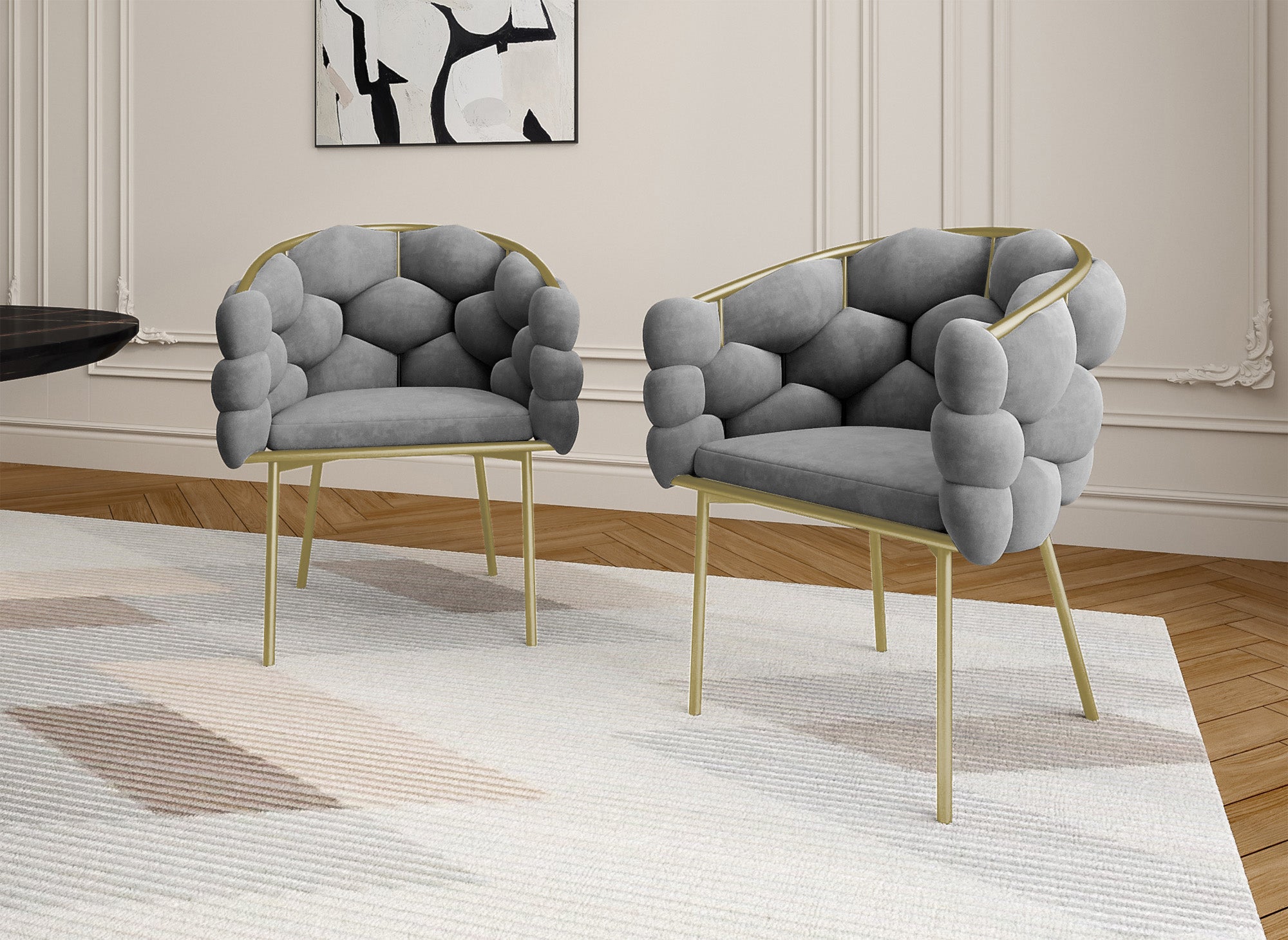 2er-Set graue Samtstühle mit goldenen Metallbeinen CHARLOTTE
