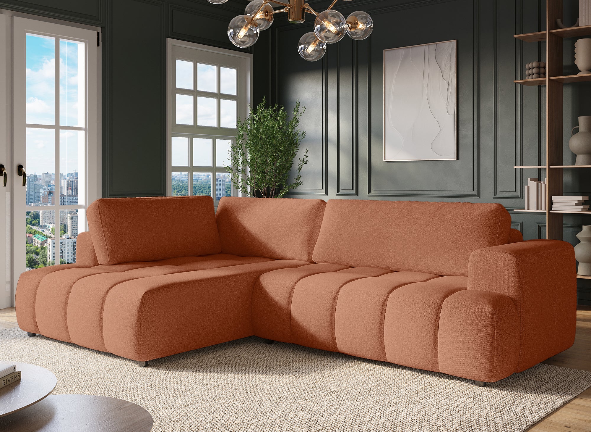 HAVEN Ecksofa aus Terrakotta-Stoff mit Stauraum – Linke Ecke