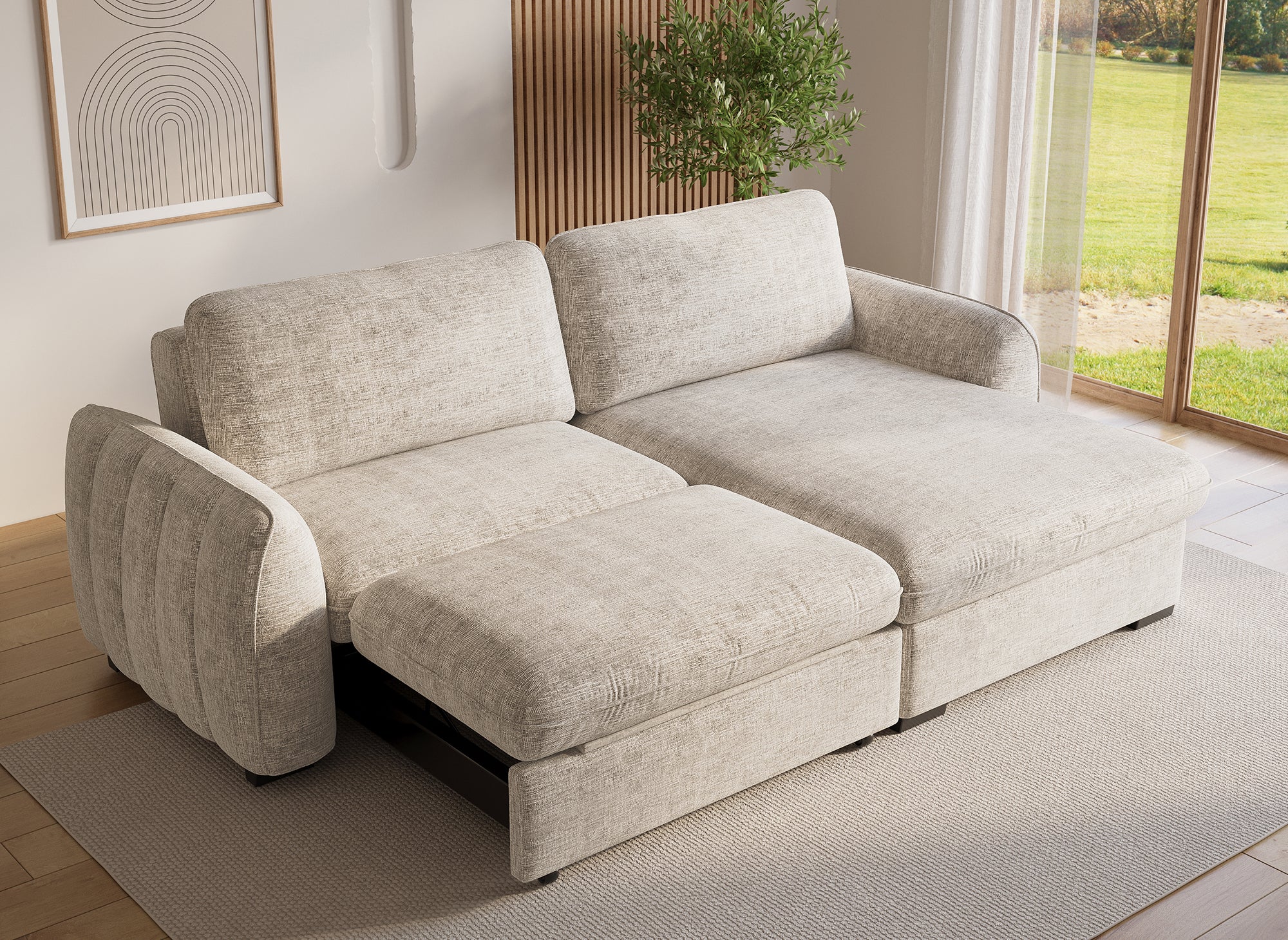LIORA umwandelbares und wendbares Ecksofa mit Stauraum aus beige meliertem Samt
