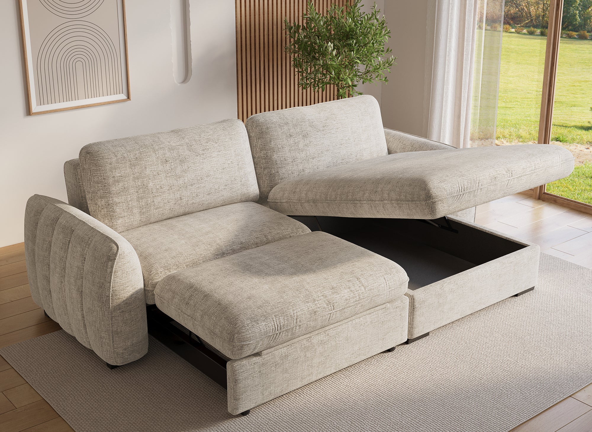 LIORA umwandelbares und wendbares Ecksofa mit Stauraum aus beige meliertem Samt