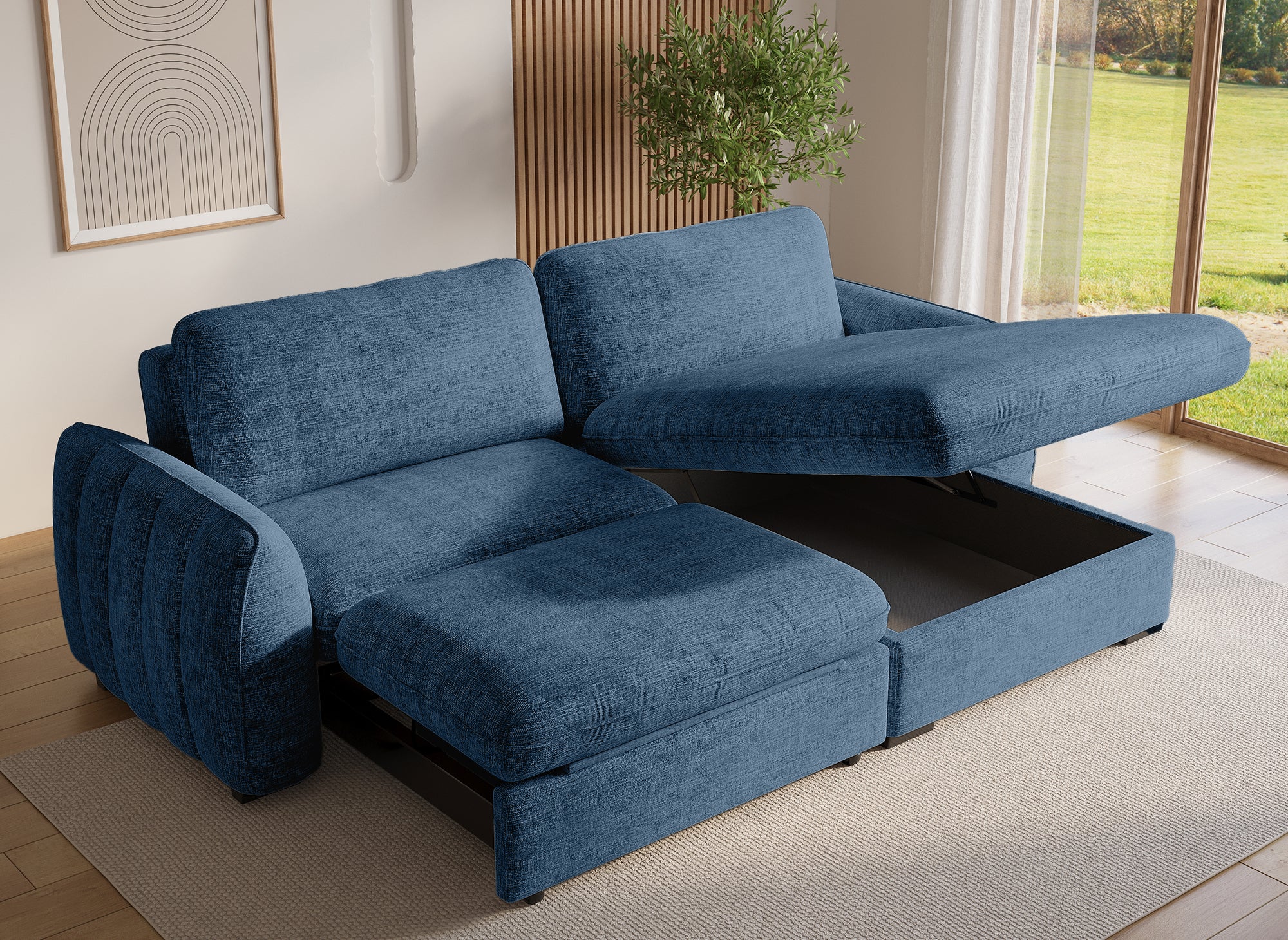 LIORA umwandelbares und wendbares Ecksofa mit Stauraum aus blau meliertem Samt