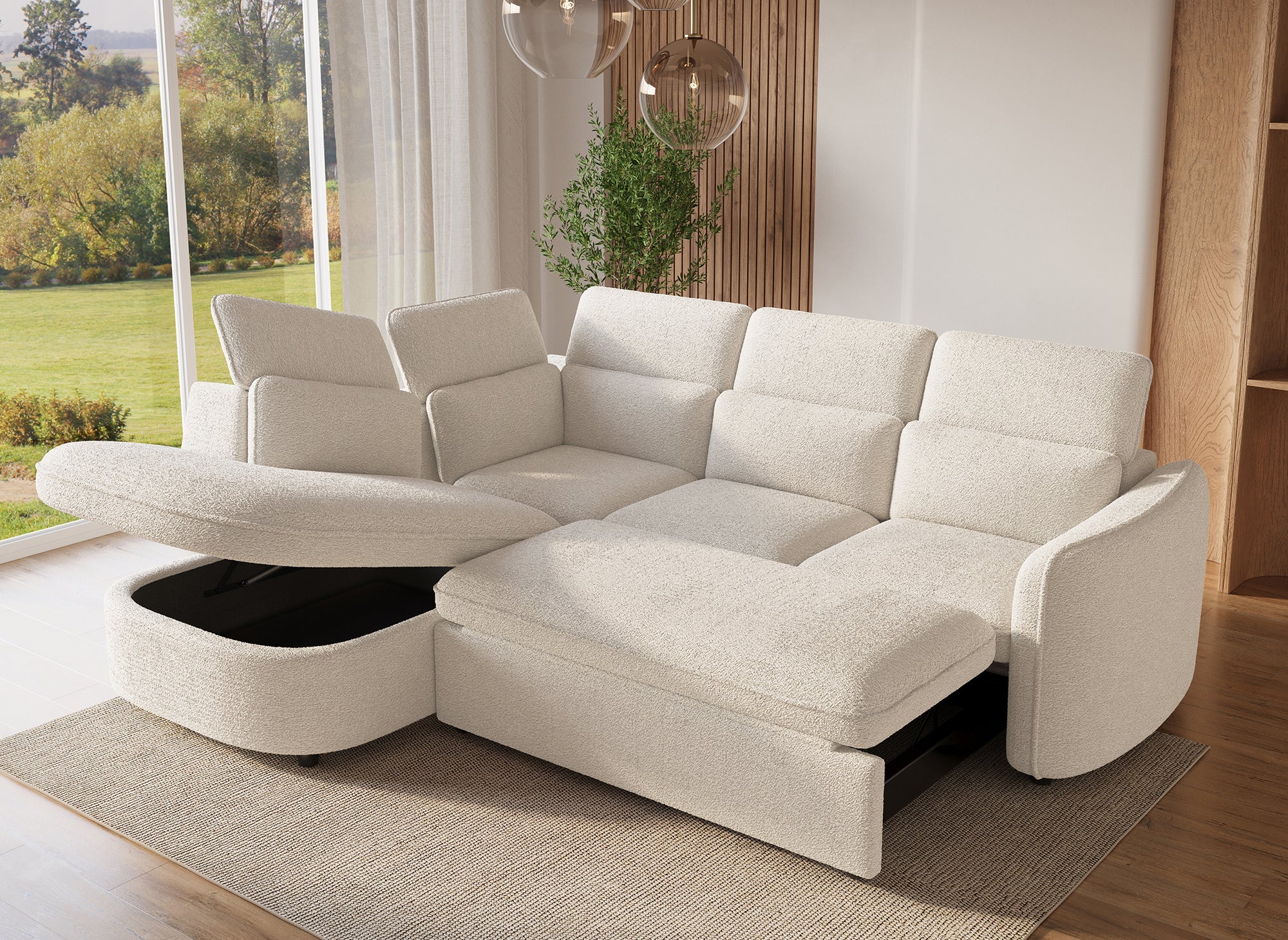 BAYA umwandelbares Ecksofa mit Aufbewahrungsbox aus ecrufarbenem Bouclé-Stoff – linke Ecke