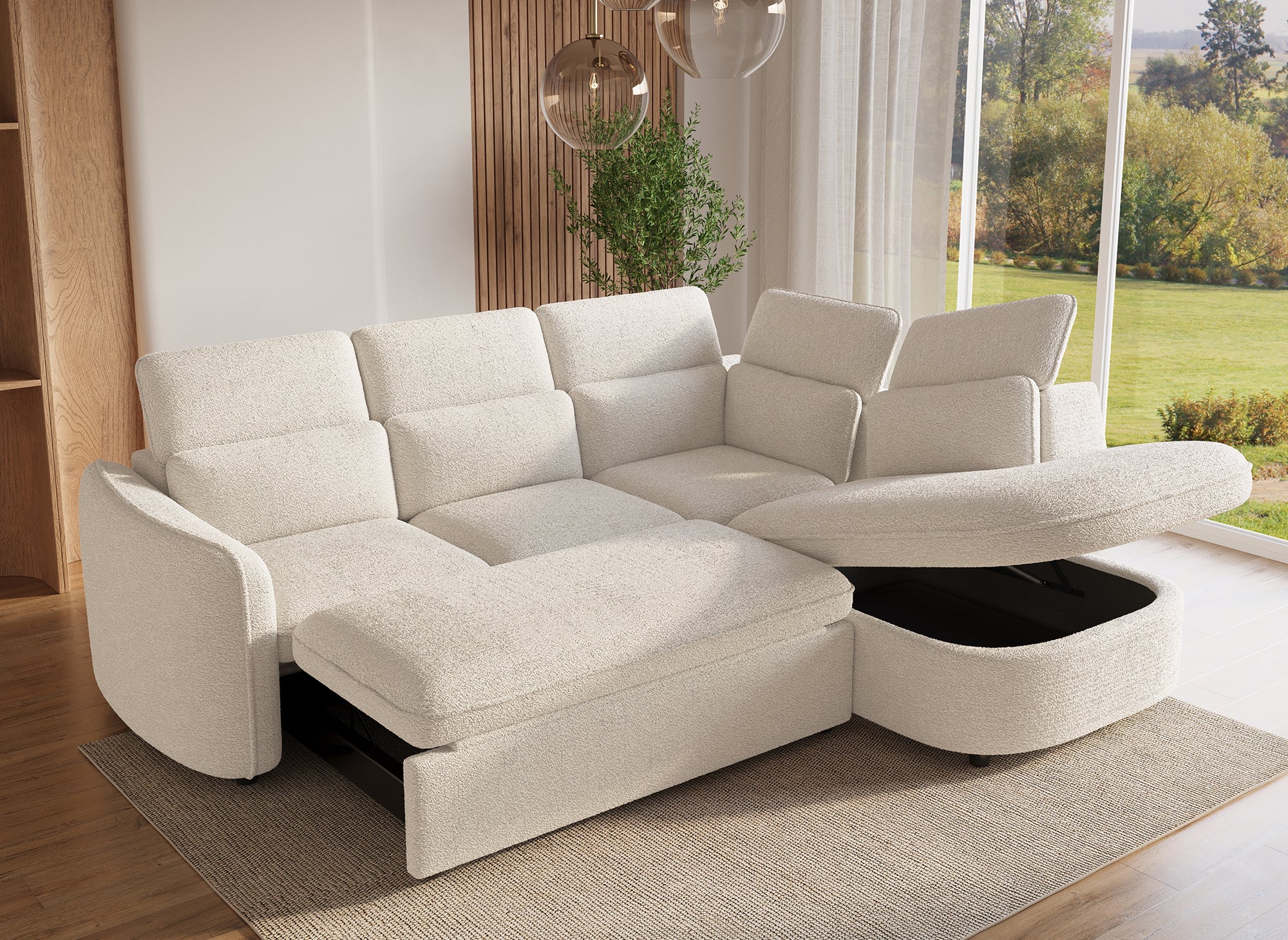 BAYA umwandelbares Ecksofa mit Aufbewahrungsbox aus ecrufarbenem Bouclé-Stoff - rechter Winkel