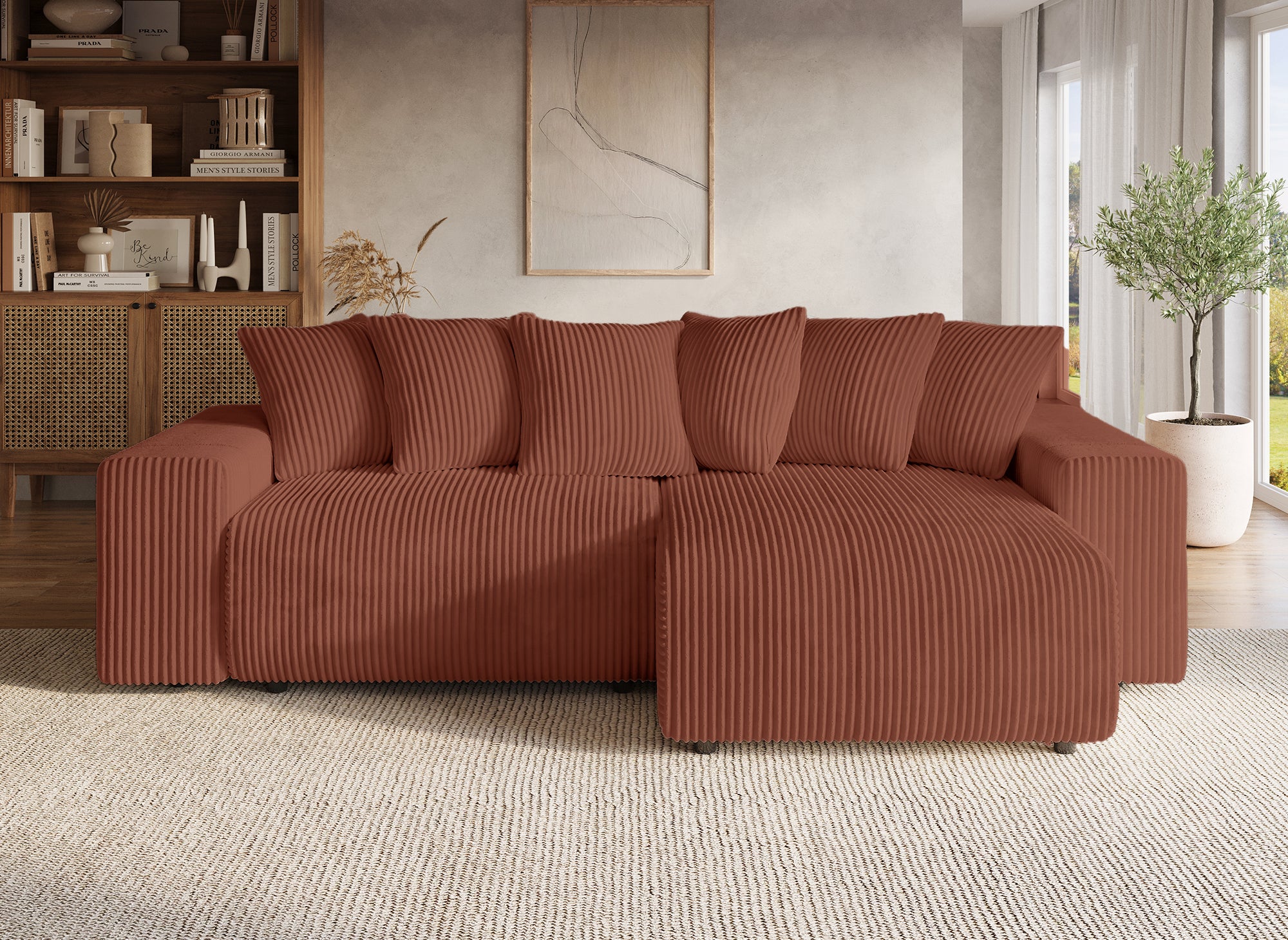 NOELIA, wendbares Eckschlafsofa mit Stauraum aus dickem Terrakotta-Cord