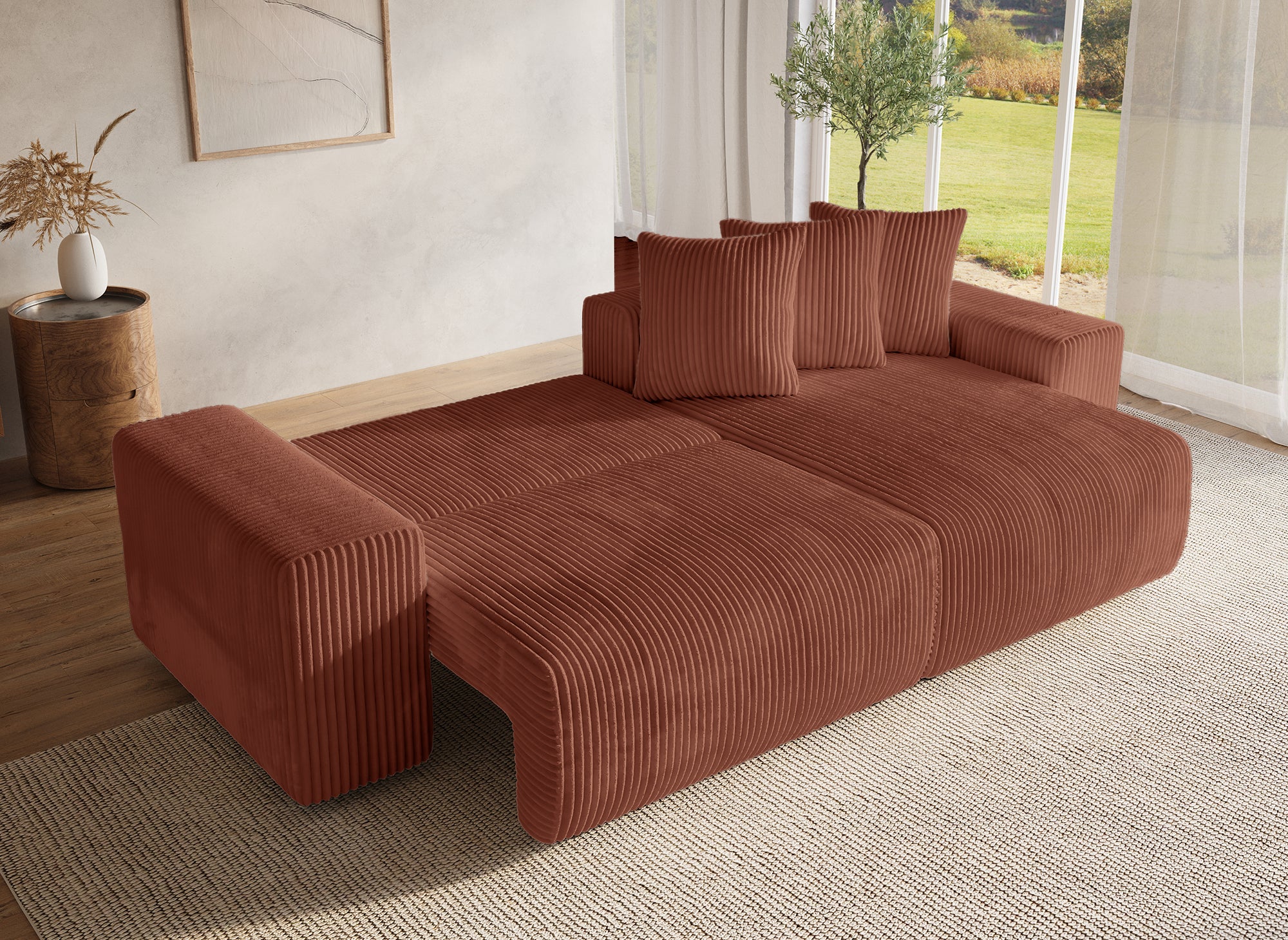 NOELIA, wendbares Eckschlafsofa mit Stauraum aus dickem Terrakotta-Cord