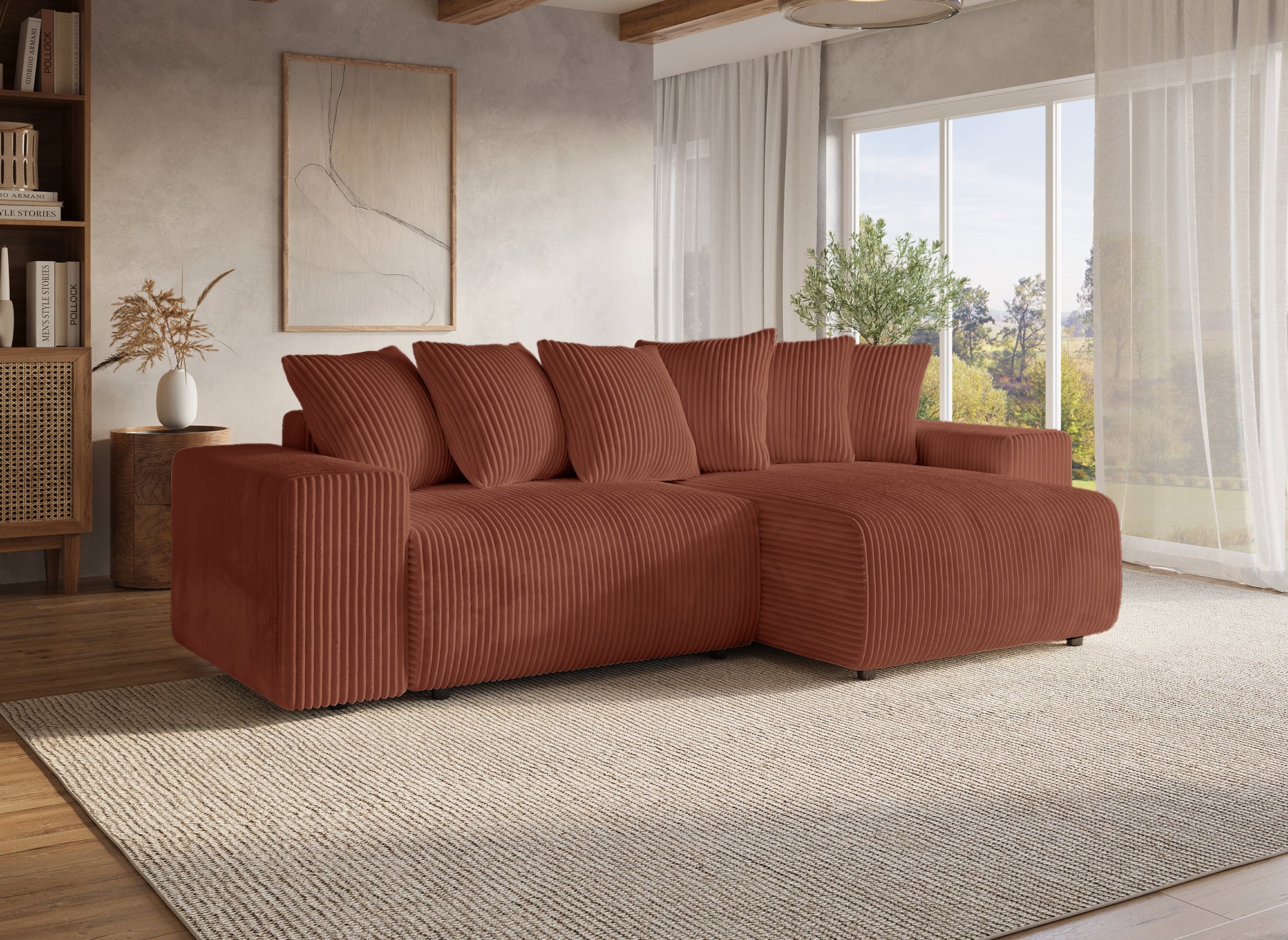 NOELIA, wendbares Eckschlafsofa mit Stauraum aus dickem Terrakotta-Cord