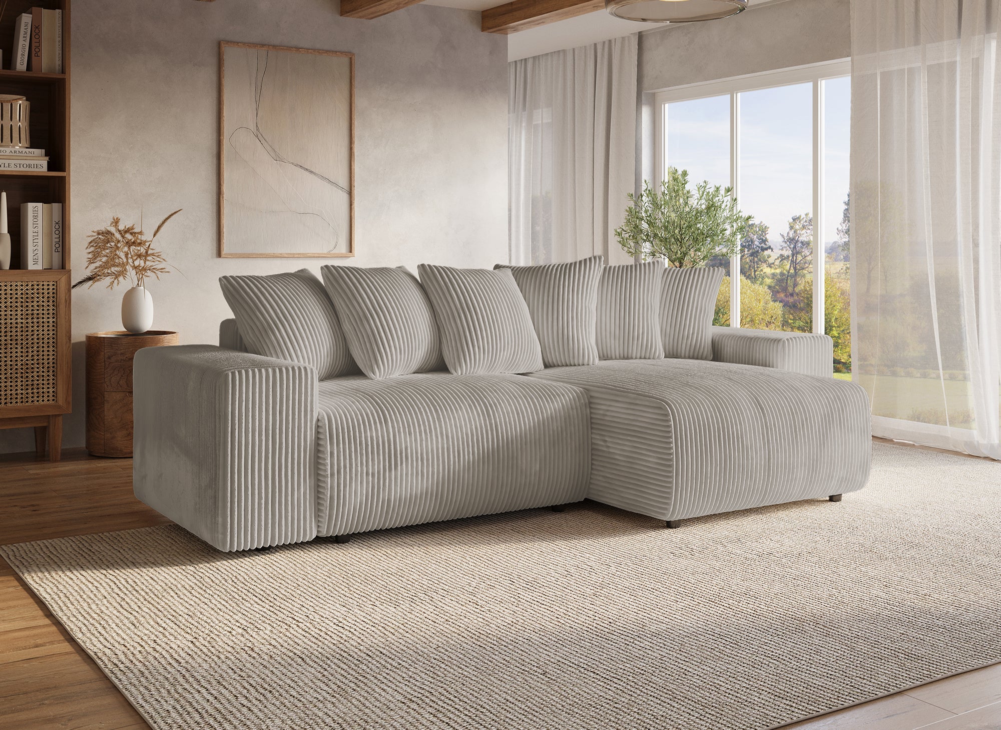 NOELIA, wendbares Eckschlafsofa mit Stauraum aus dickem Taupe-Cord