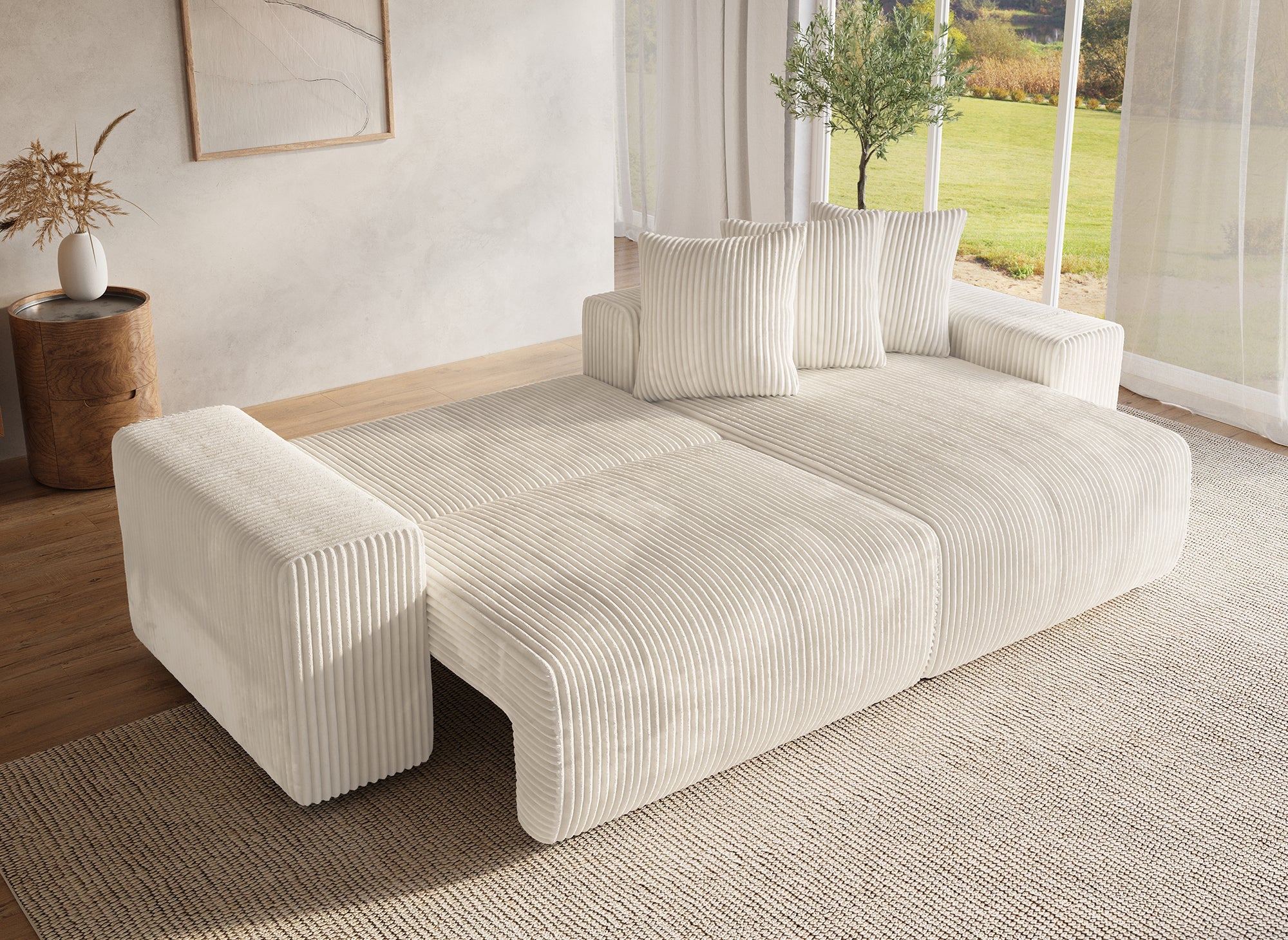 NOELIA, umwandelbares Ecksofa mit Stauraum aus dickem, beigem Cord