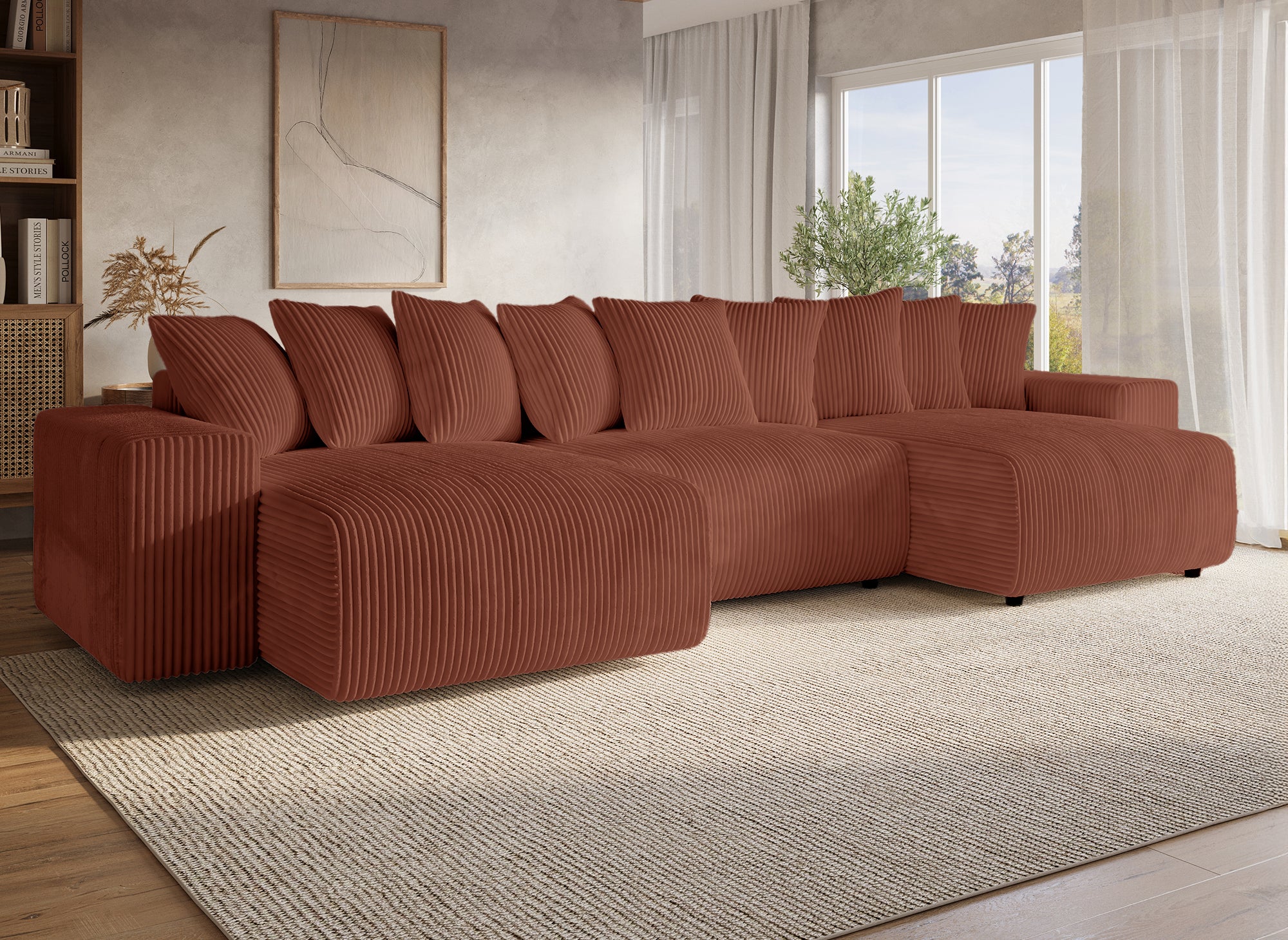 NOELIA wendbares Panorama-Schlafsofa mit Stauraum aus dickem Terrakotta-Cord