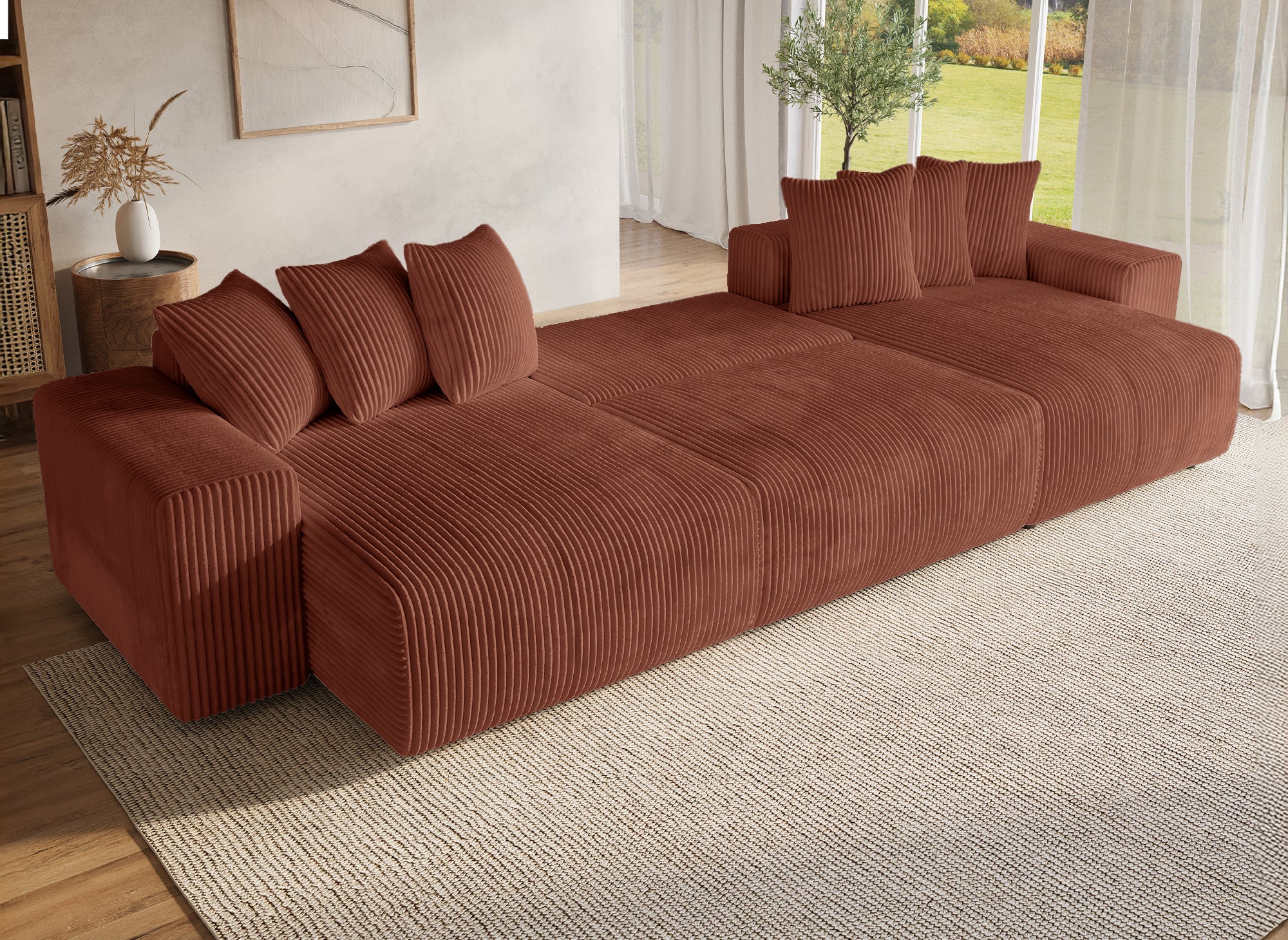 NOELIA wendbares Panorama-Schlafsofa mit Stauraum aus dickem Terrakotta-Cord