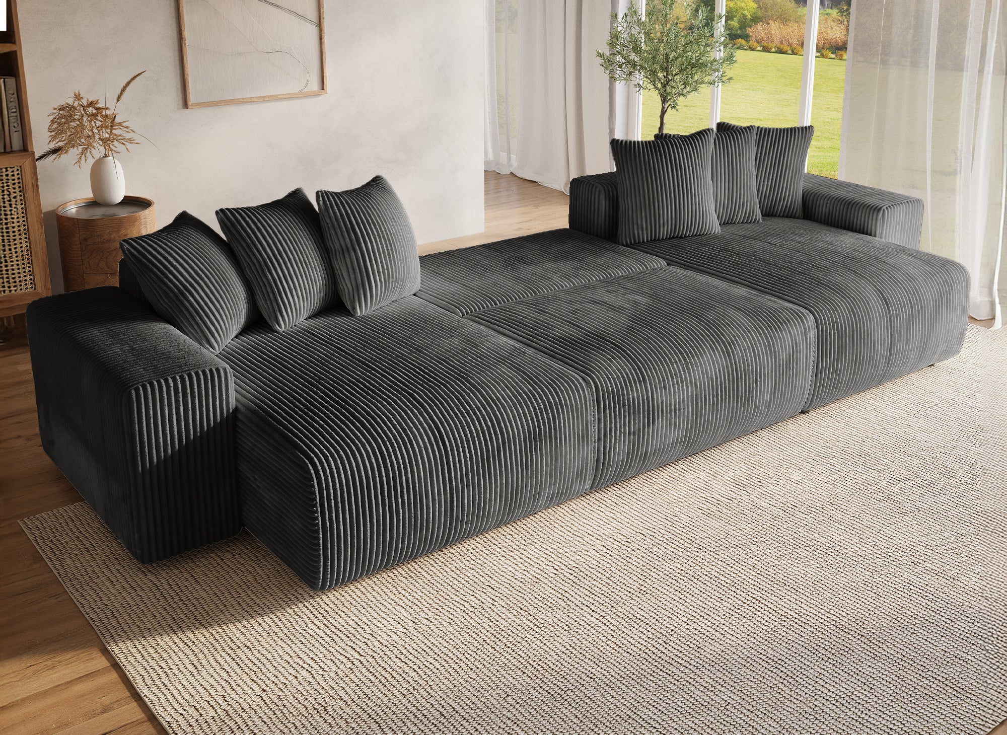 NOELIA wendbares Panorama-Schlafsofa mit Stauraum aus dickem grauem Cord