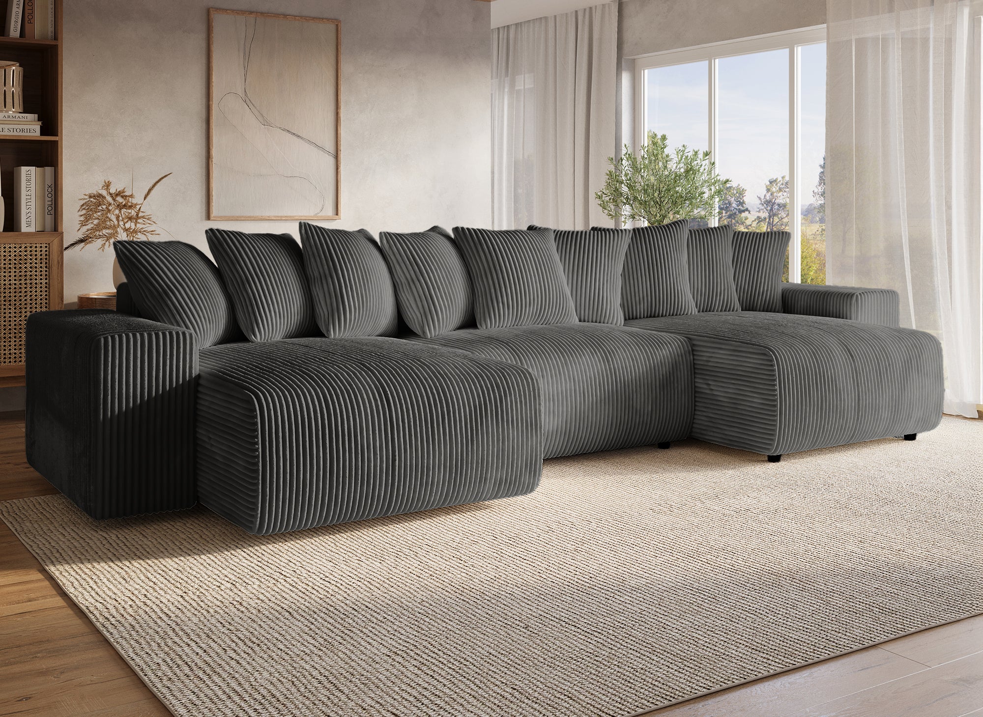 NOELIA wendbares Panorama-Schlafsofa mit Stauraum aus dickem grauem Cord