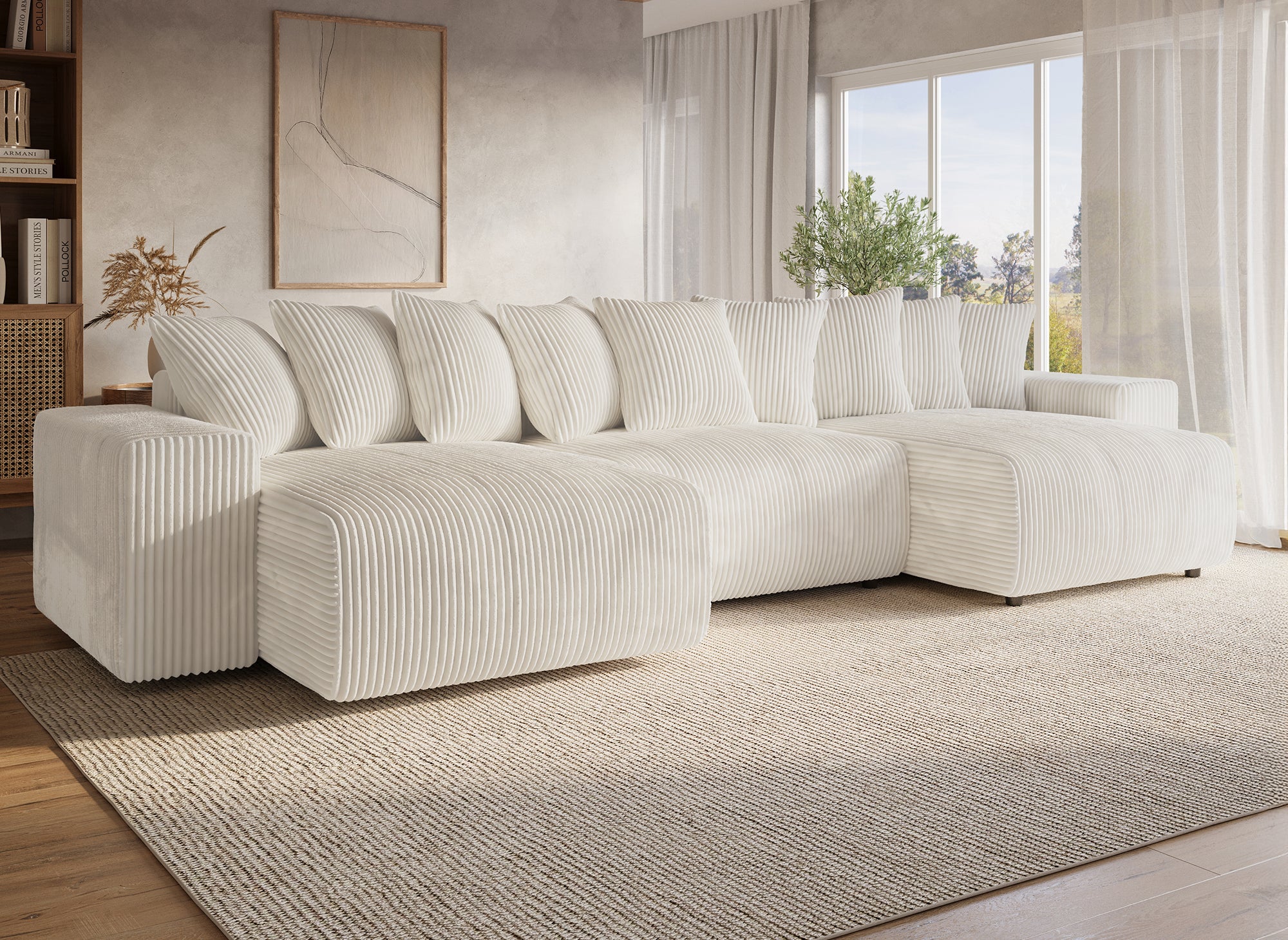 NOELIA wendbares Panorama-Schlafsofa mit Stauraum aus dickem, beigem Cord