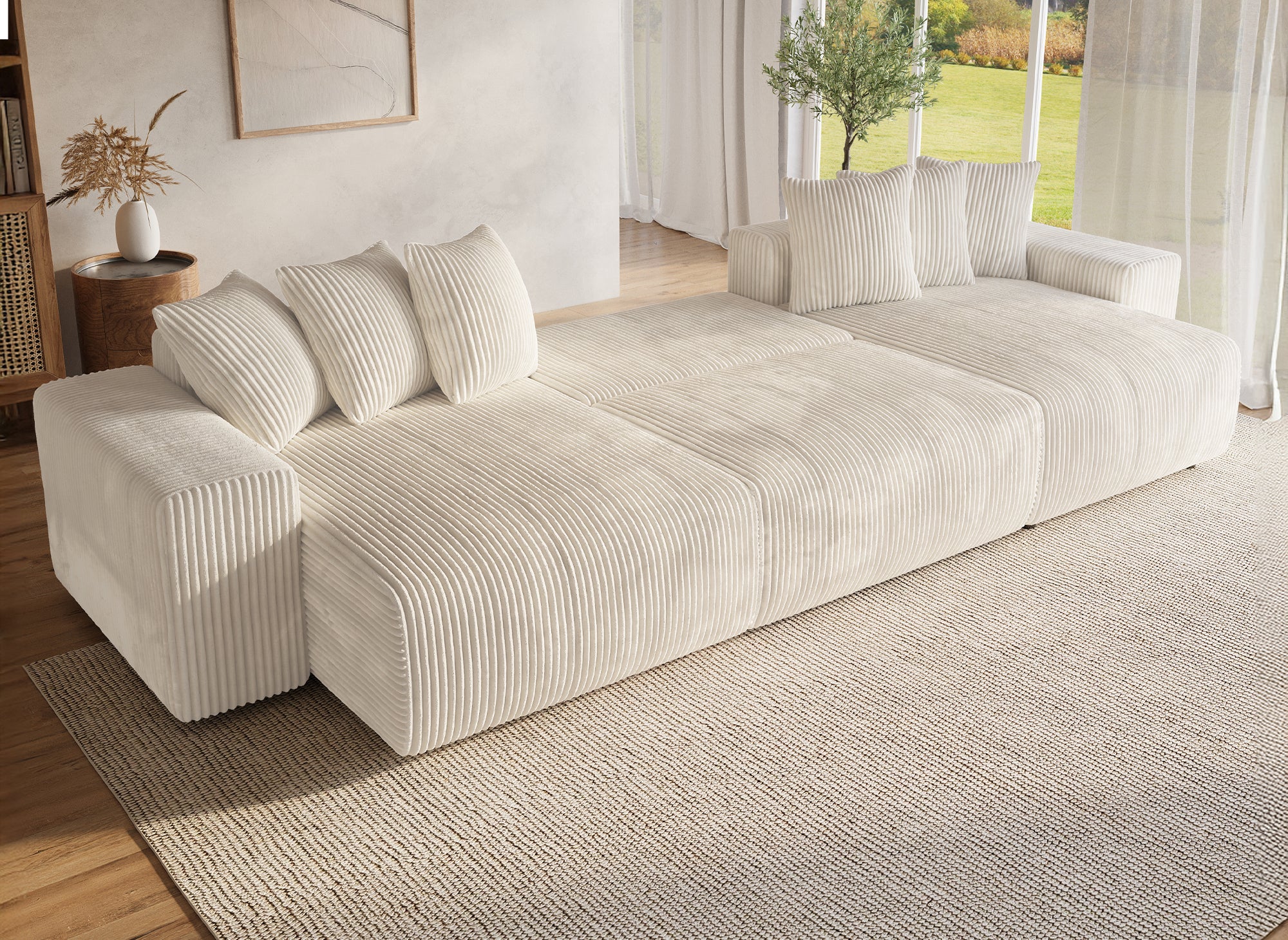 NOELIA wendbares Panorama-Schlafsofa mit Stauraum aus dickem, beigem Cord
