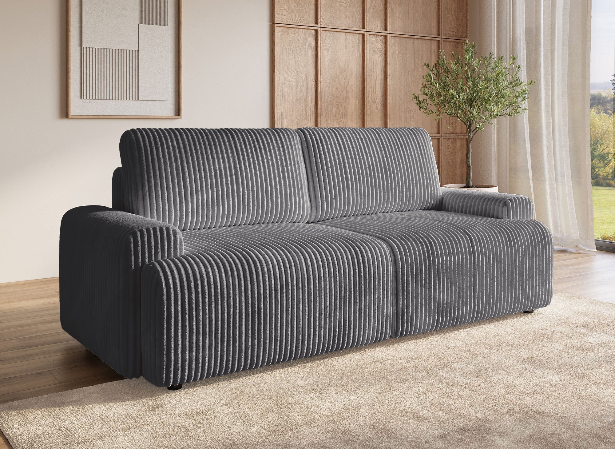 MILO, graues, dickes Cord-Sofa mit Stauraum