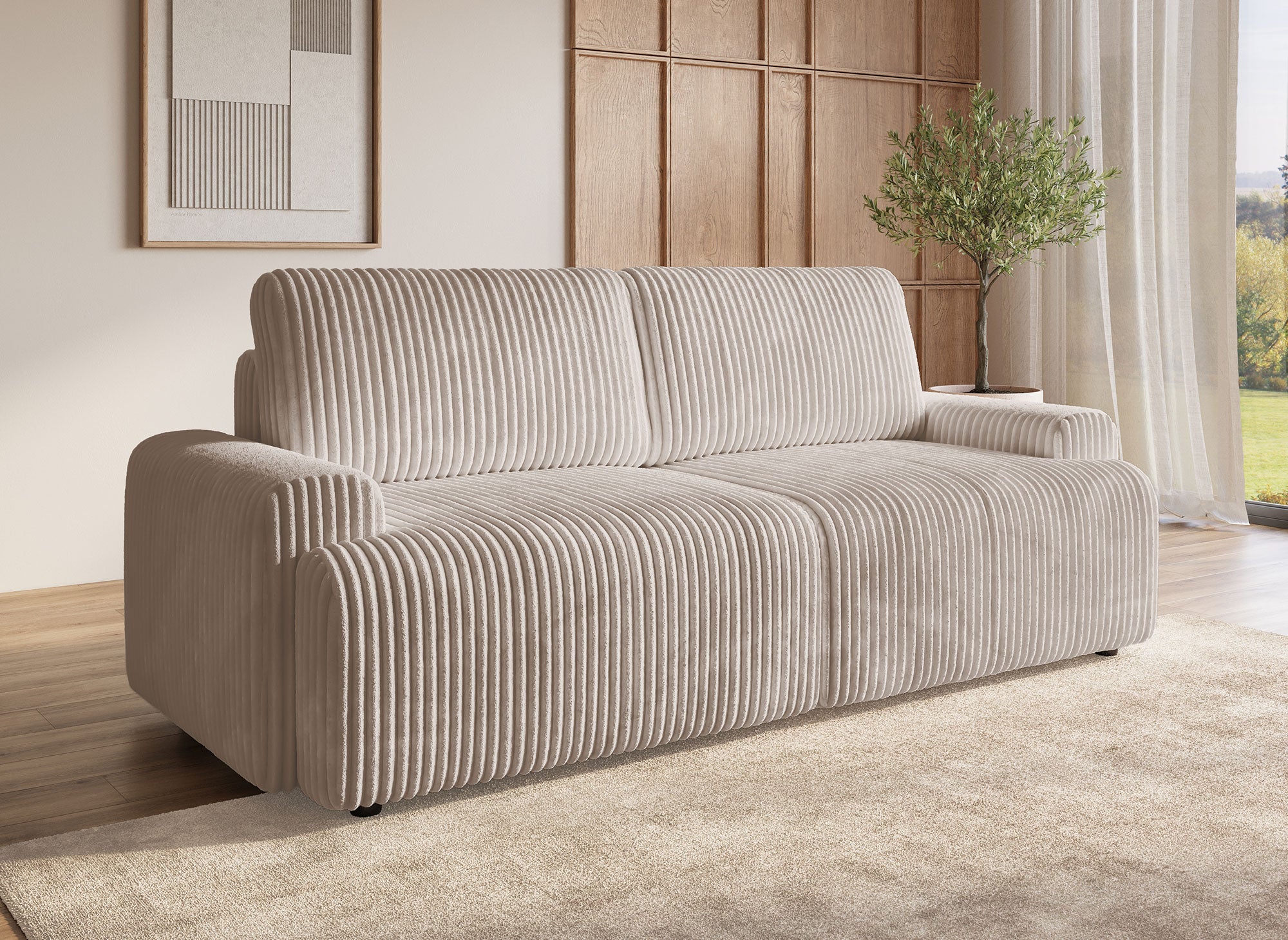 MILO Taupe dickes Cord-Schlafsofa mit Stauraum