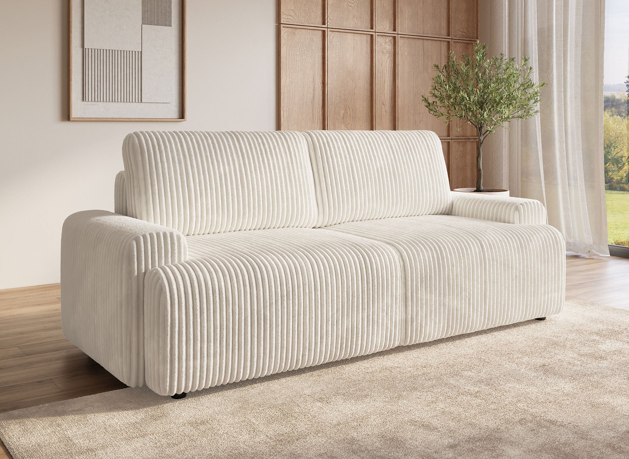 MILO beiges, dickes Cord-Schlafsofa mit Stauraum