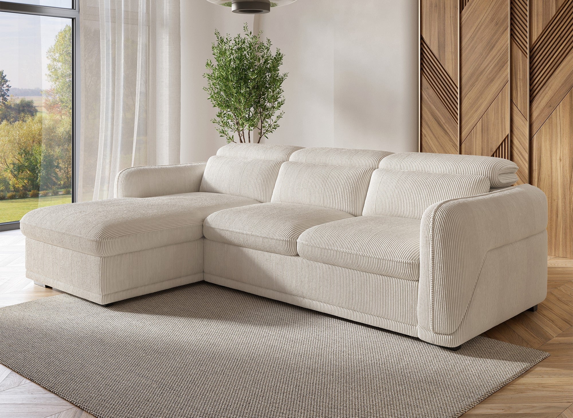 PETUNIA Ecksofa mit Bettfunktion und Stauraum aus dickem, beigem Cord – Linke Ecke