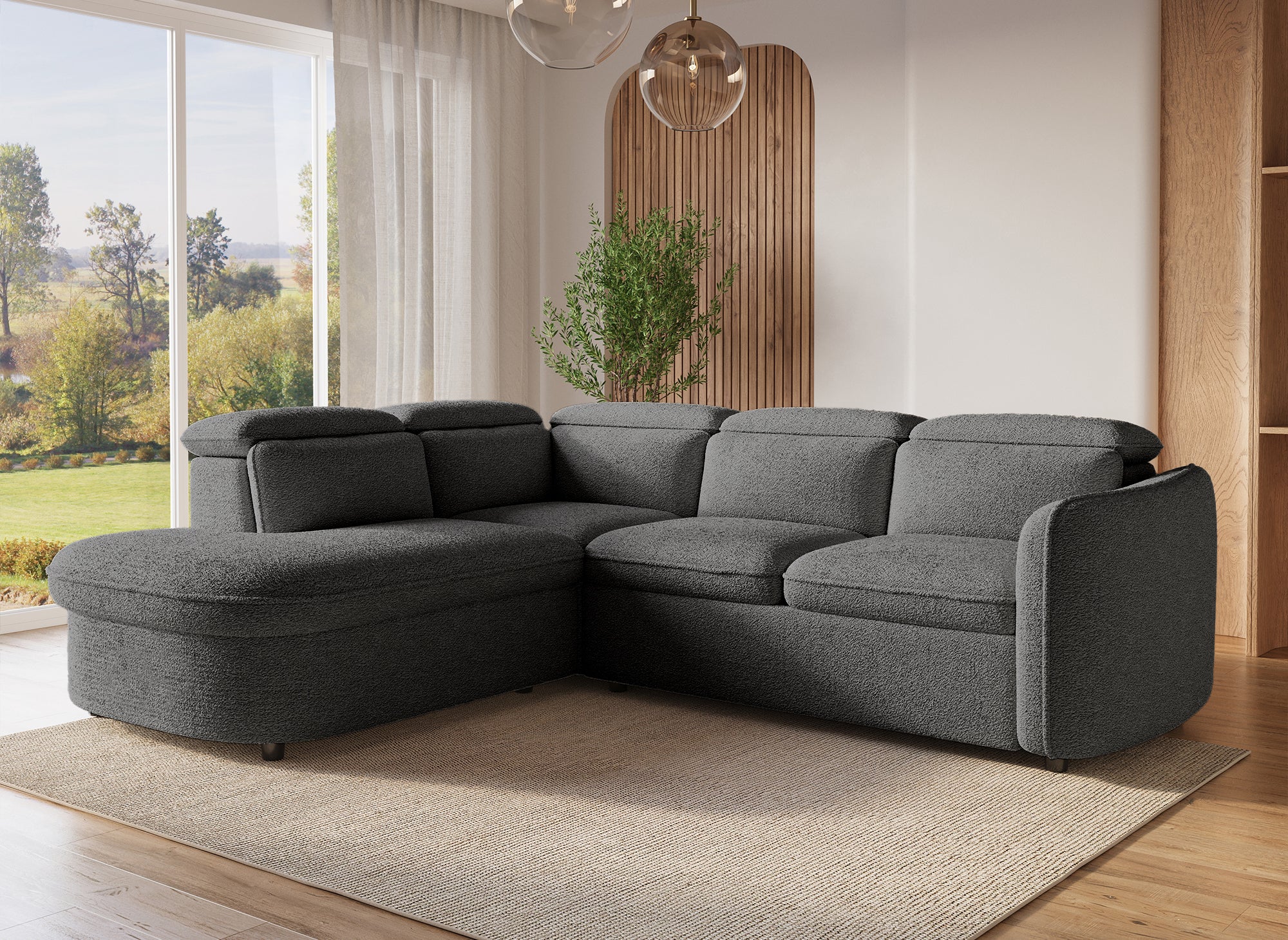 Ecksofa BAYA aus grauem Frottee mit Aufbewahrungsbox - linke Ecke