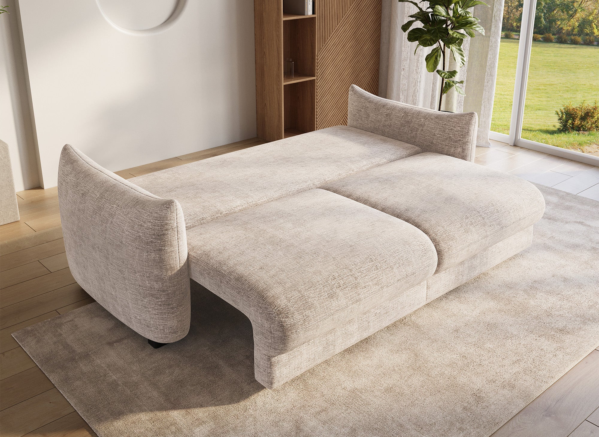 COLBY 3-Sitzer-Schlafsofa mit Stauraum aus beige meliertem Samt