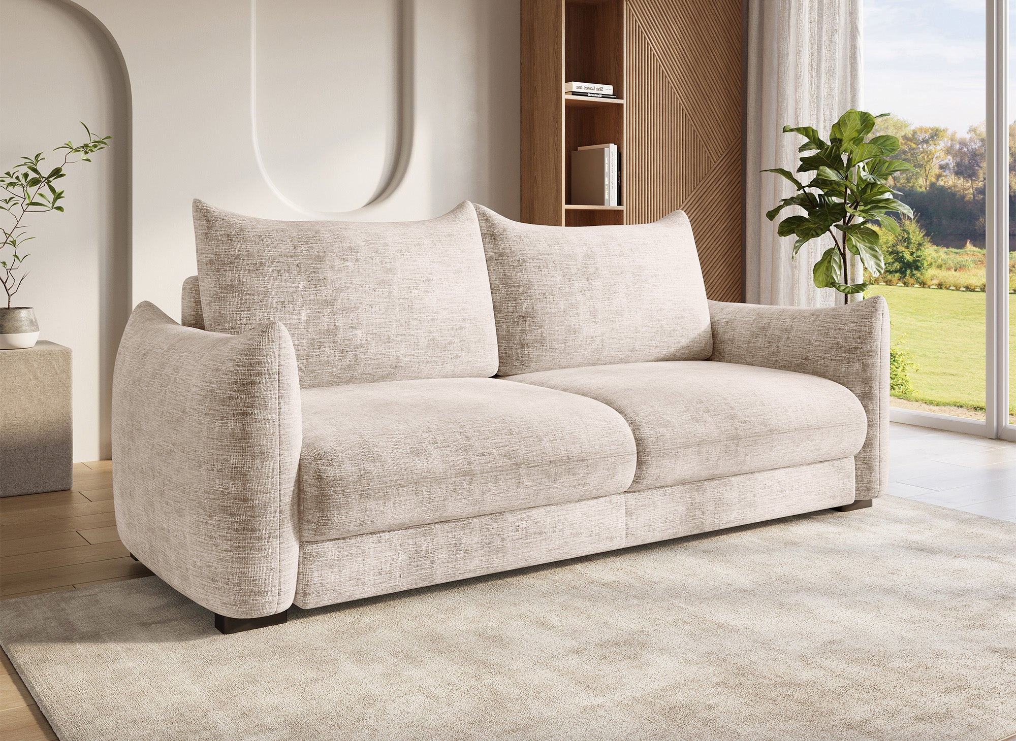 COLBY 3-Sitzer-Schlafsofa mit Stauraum aus beige meliertem Samt