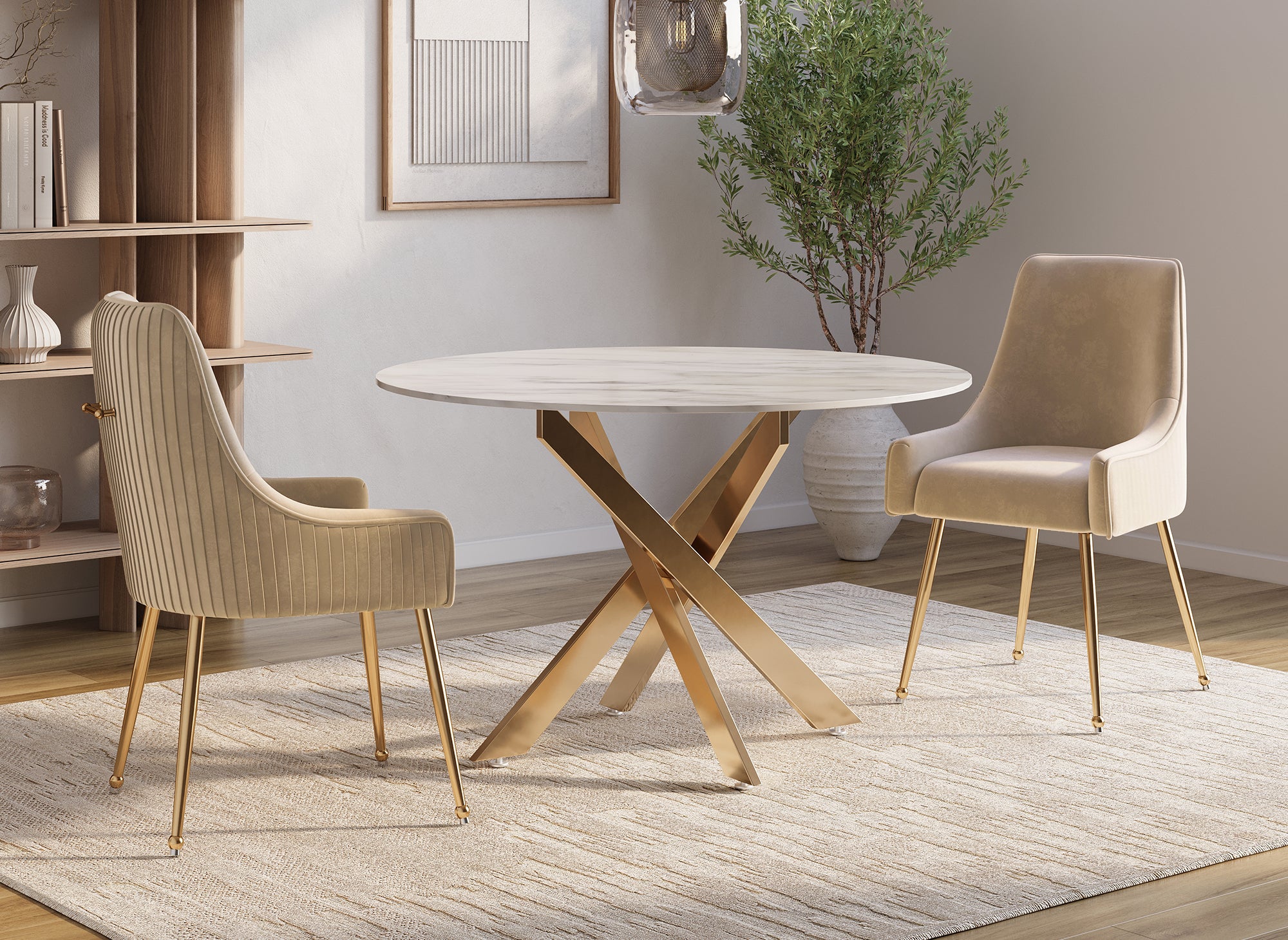 2er-Set beige Samtstühle mit goldenen Metallbeinen DORY