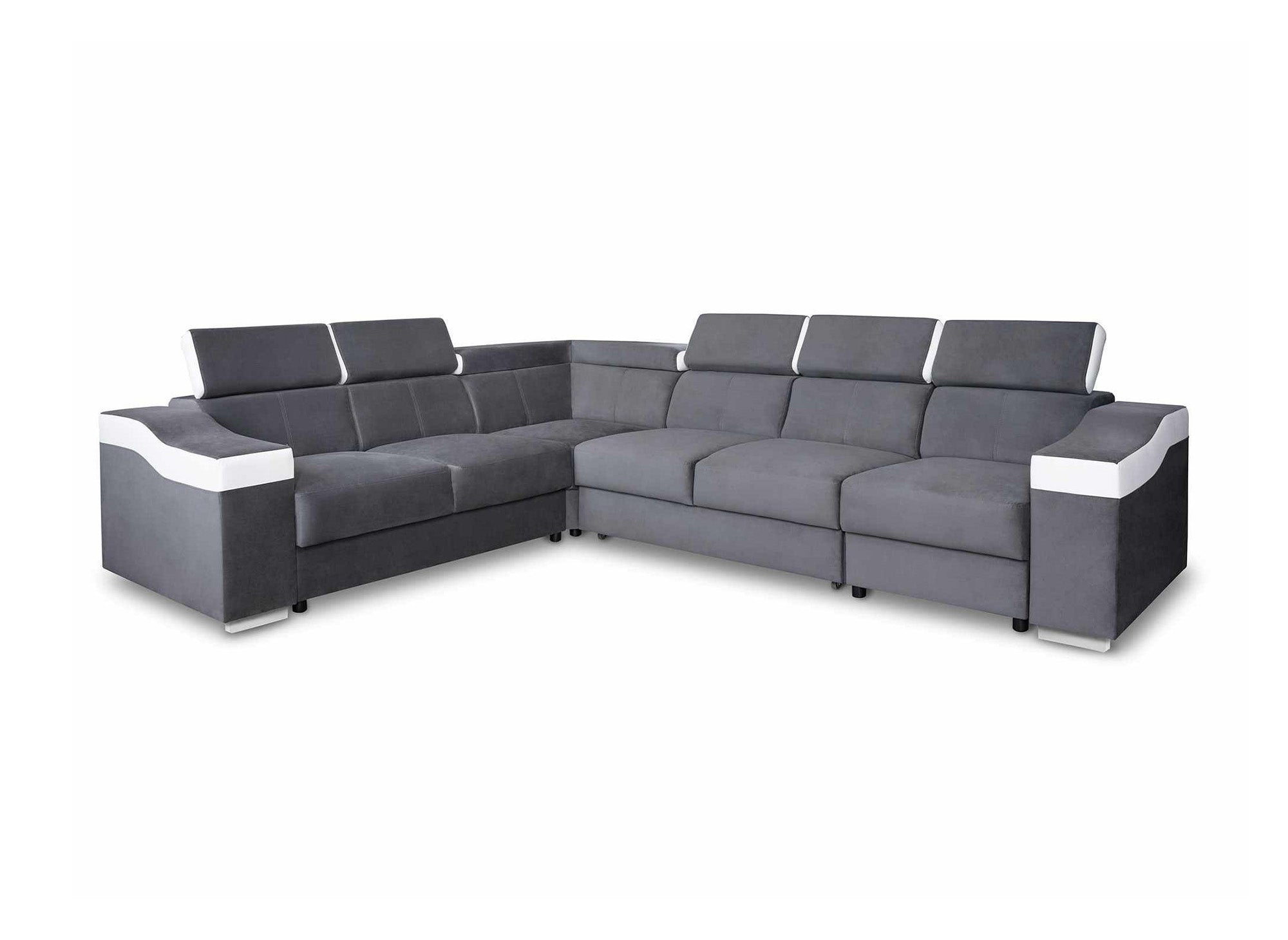LEONIE Wende-Ecksofa aus grauem Samt und weißem Kunstleder