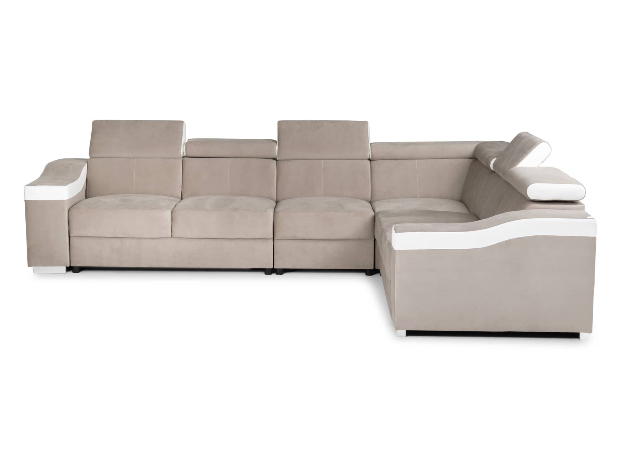 LEONIE Wende-Ecksofa aus beigem Samt und weißem Kunstleder