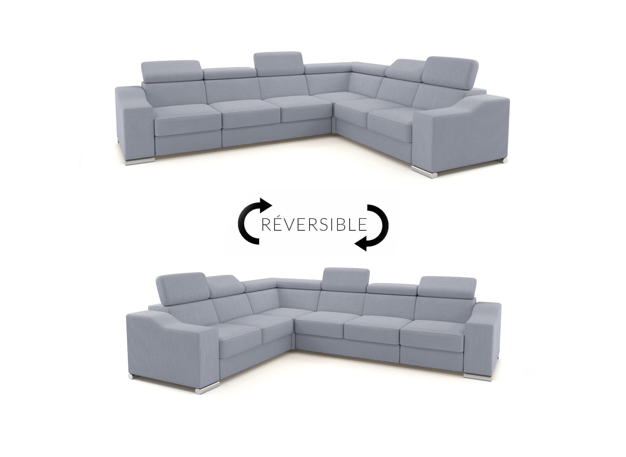 LEONIE Ecksofa aus hellgrauem Cord, wendbar