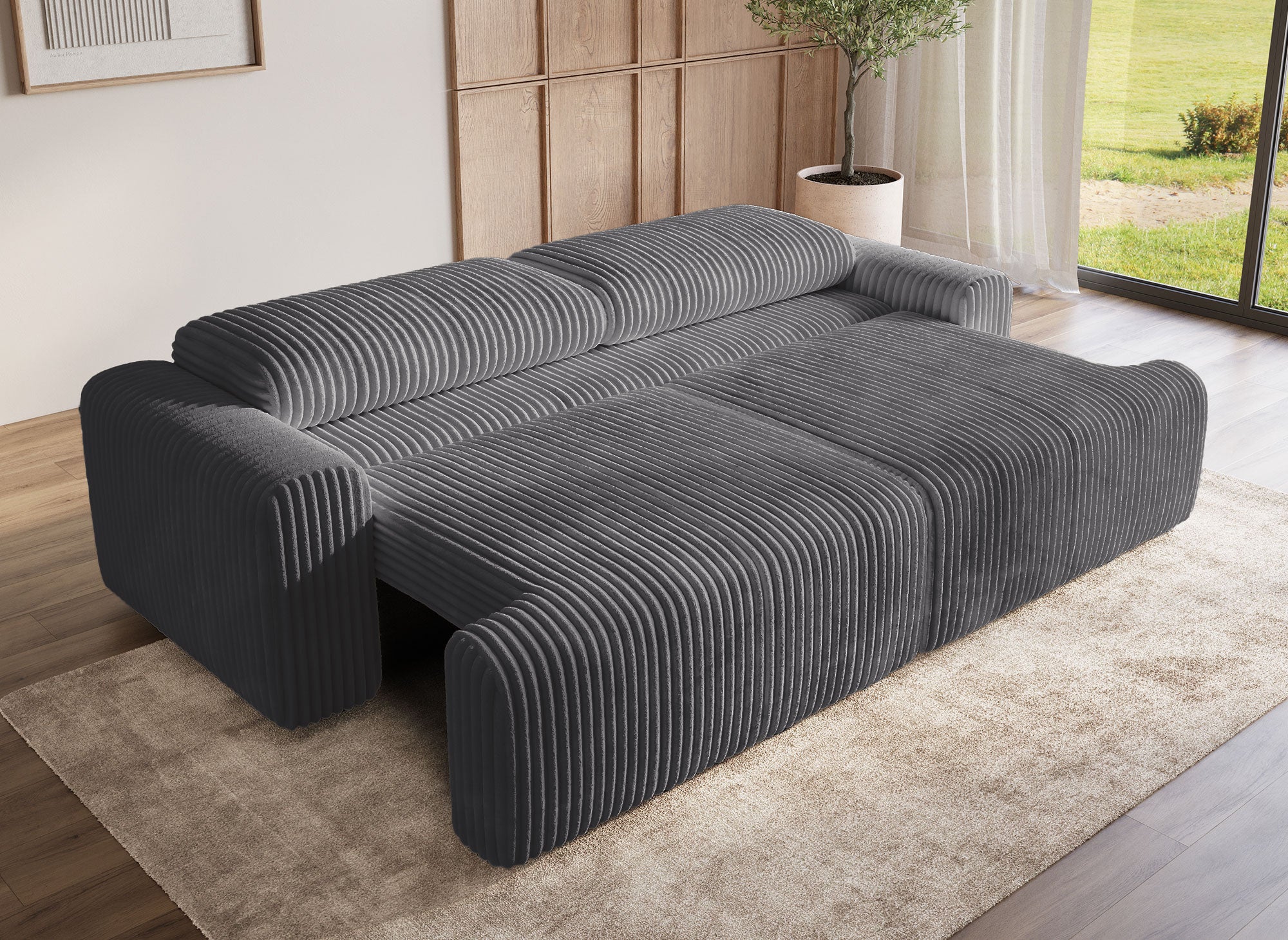 MILO, graues, dickes Cord-Sofa mit Stauraum