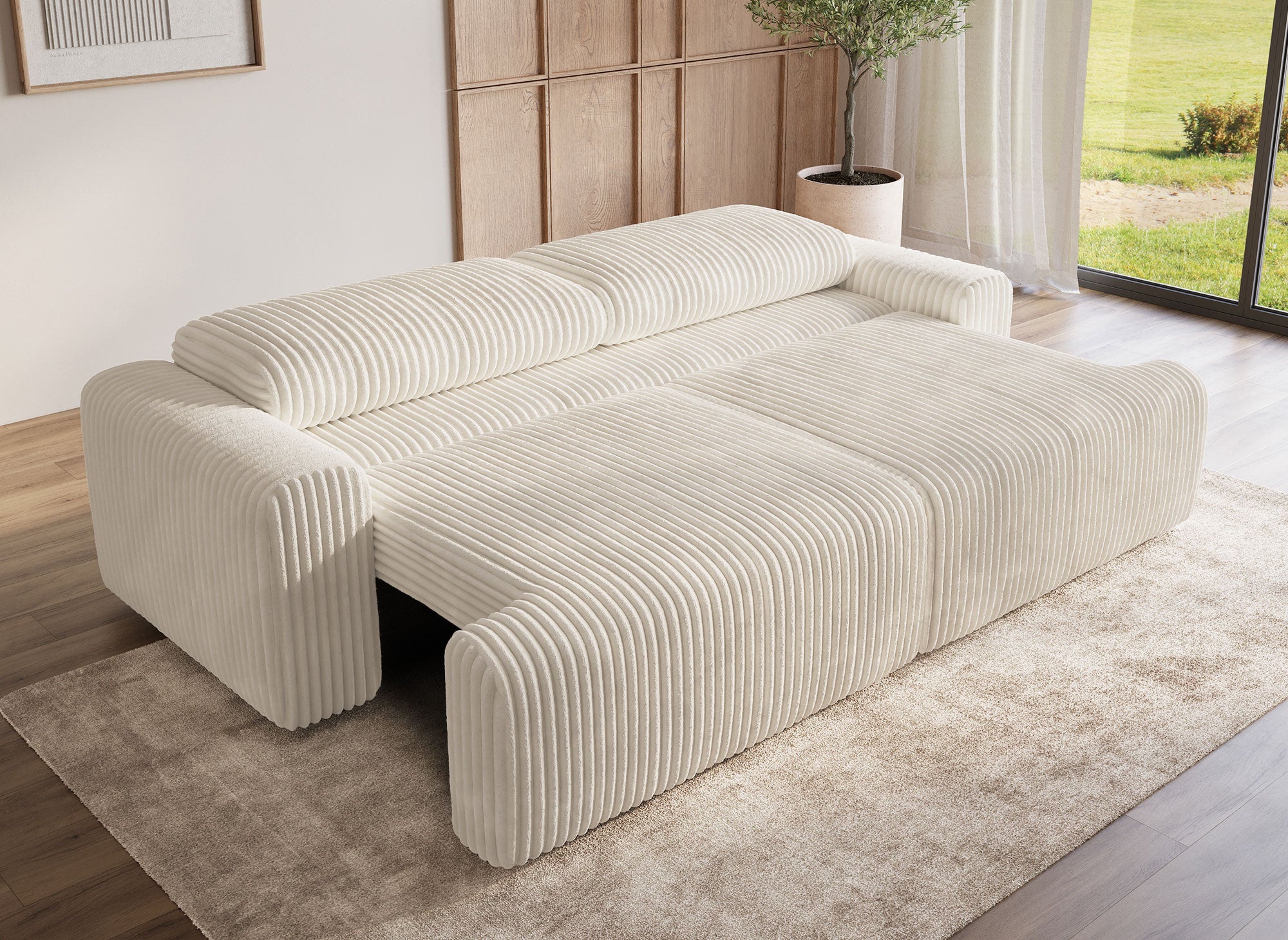MILO beiges, dickes Cord-Schlafsofa mit Stauraum