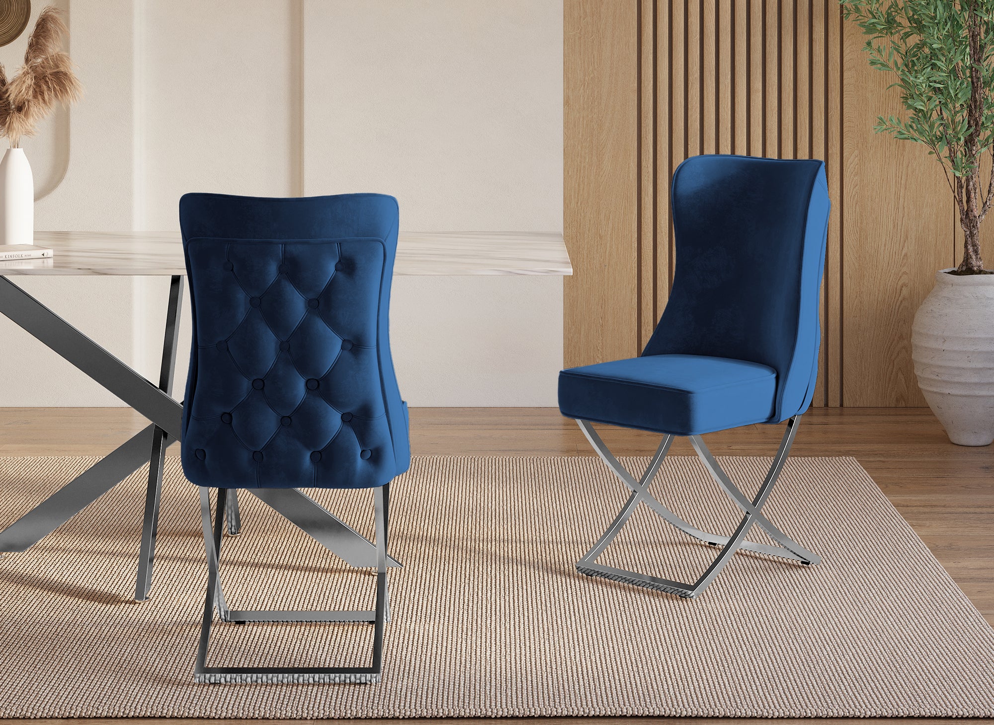 2er-Set Stühle aus blauem Samt mit silbernen Metallbeinen ETHAN