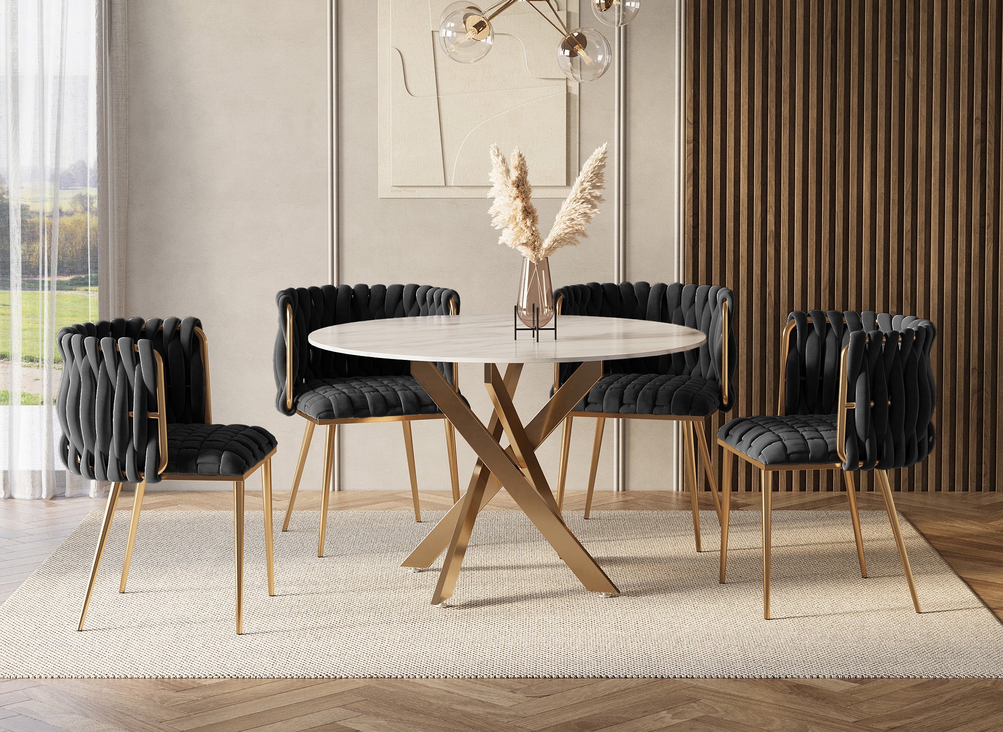 2er-Set schwarzer Samtstühle mit goldenen Metallbeinen POLO