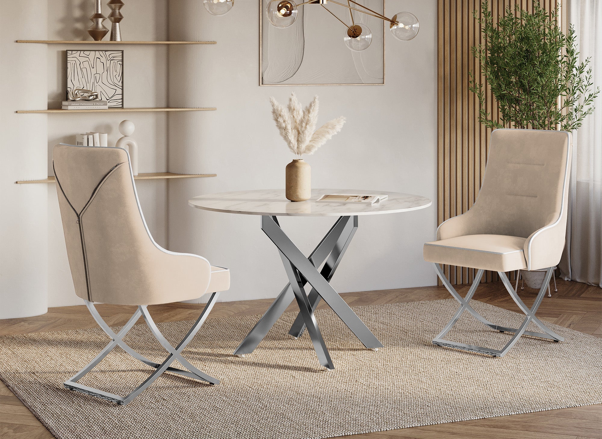 2er-Set beige Samtstühle mit silbernen Metallbeinen LEXA