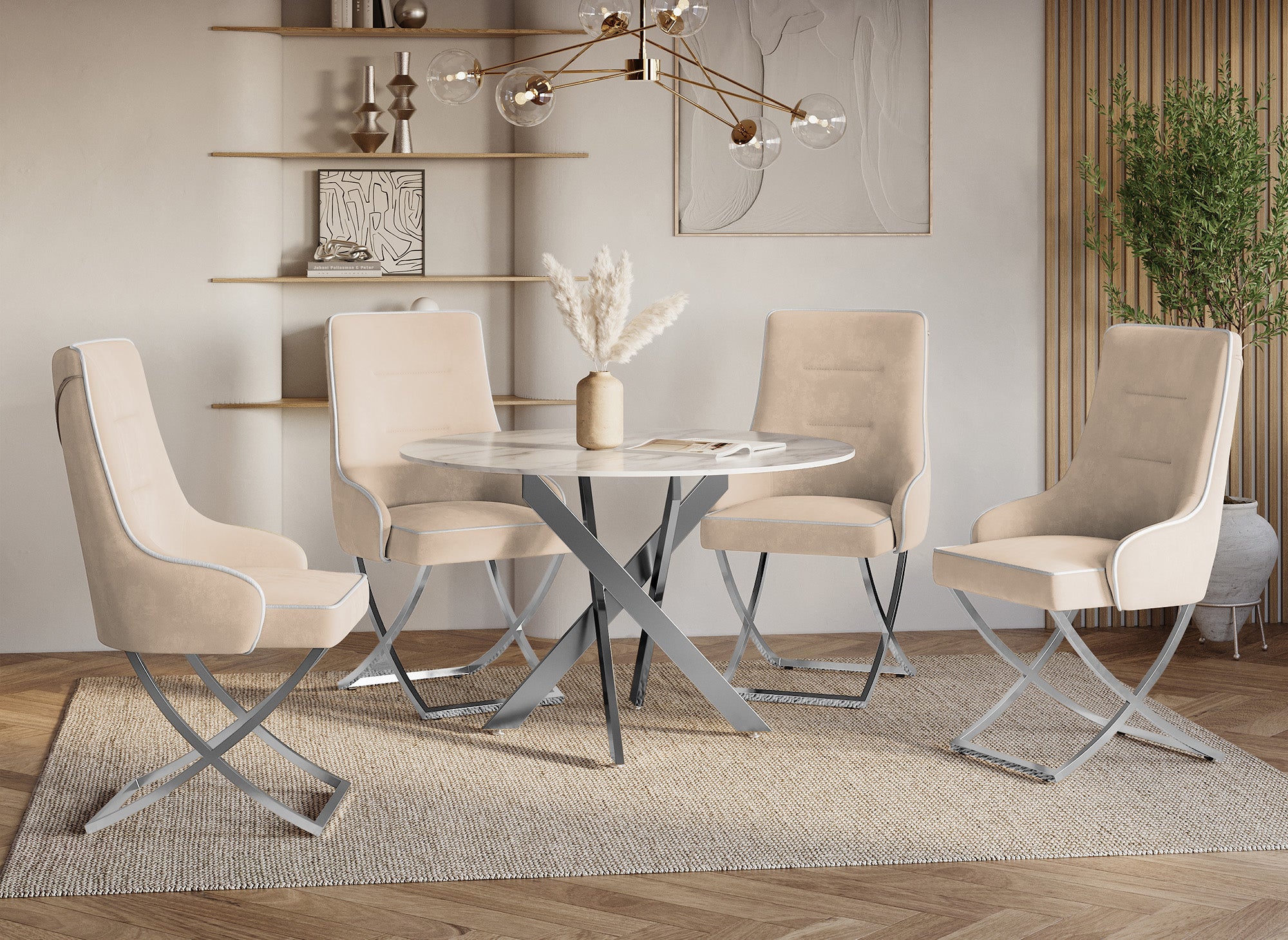 2er-Set beige Samtstühle mit silbernen Metallbeinen LEXA