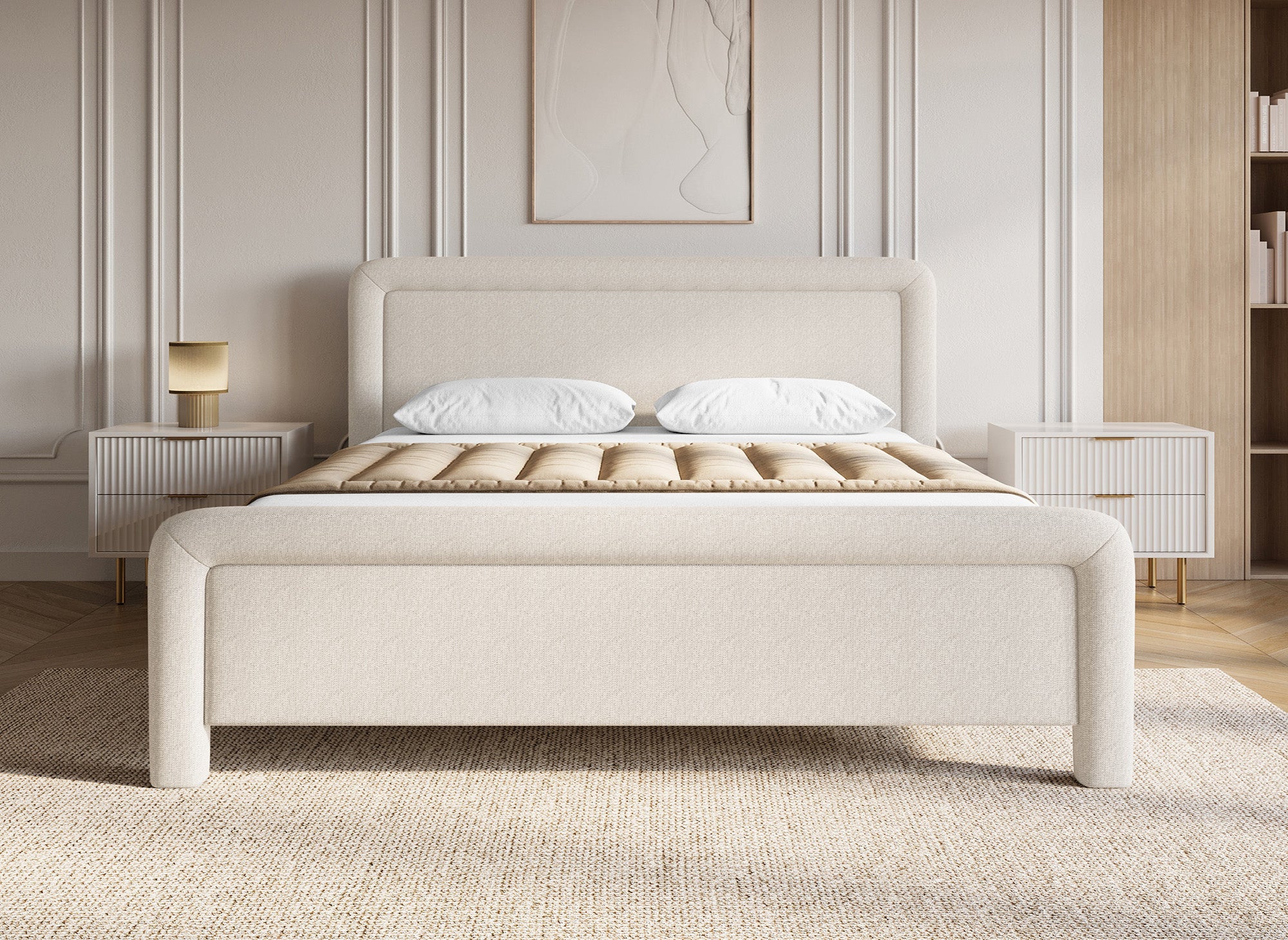 Doppelbett aus weichem, beigem Stoff 180 x 200 cm ANELA