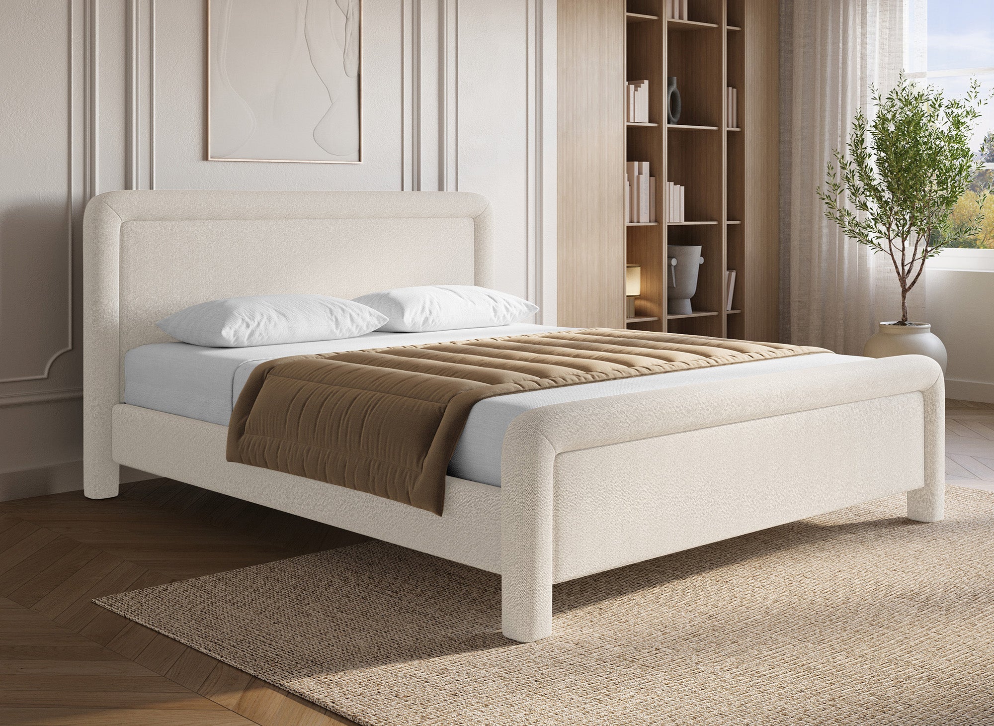 Doppelbett aus weichem, beigem Stoff 180 x 200 cm ANELA