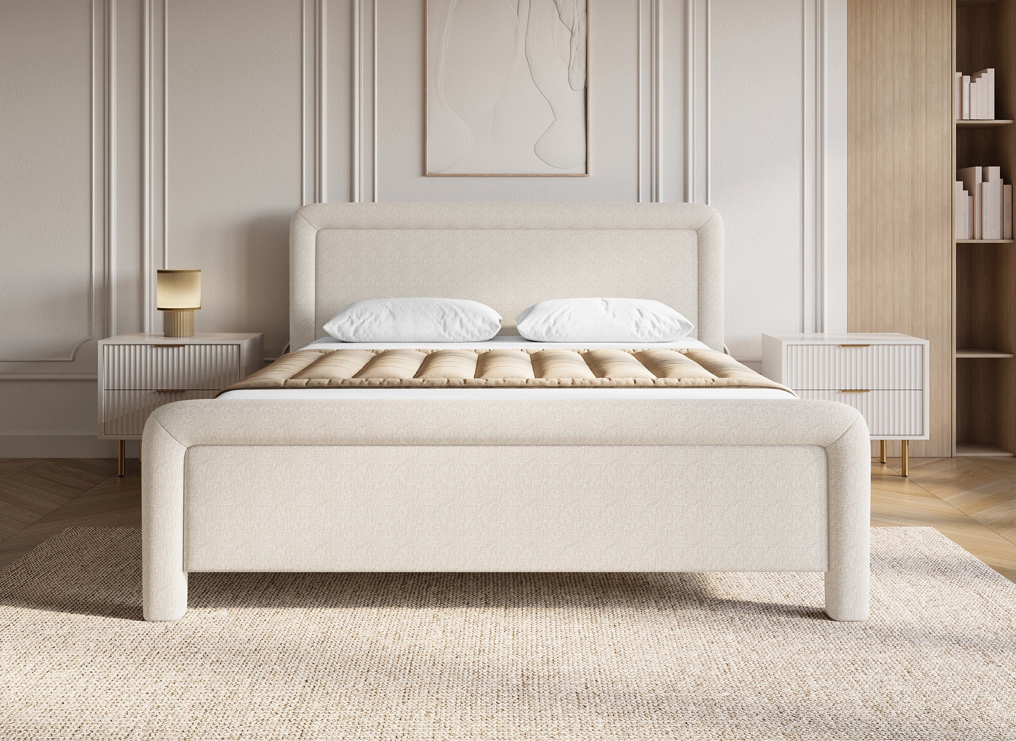 Doppelbett aus weichem, beigem Stoff 160 x 200 cm ANELA