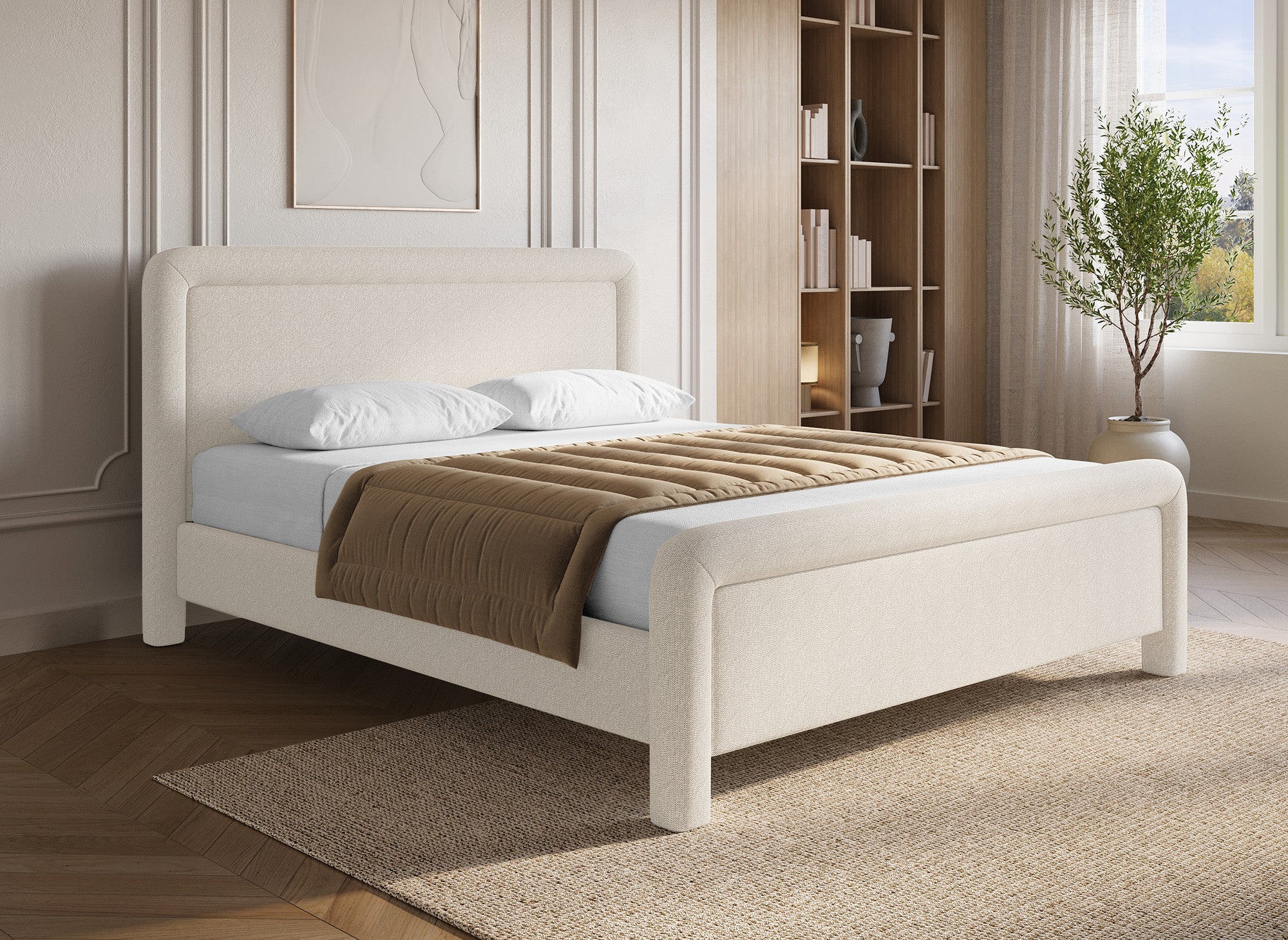 Doppelbett aus weichem, beigem Stoff 160 x 200 cm ANELA